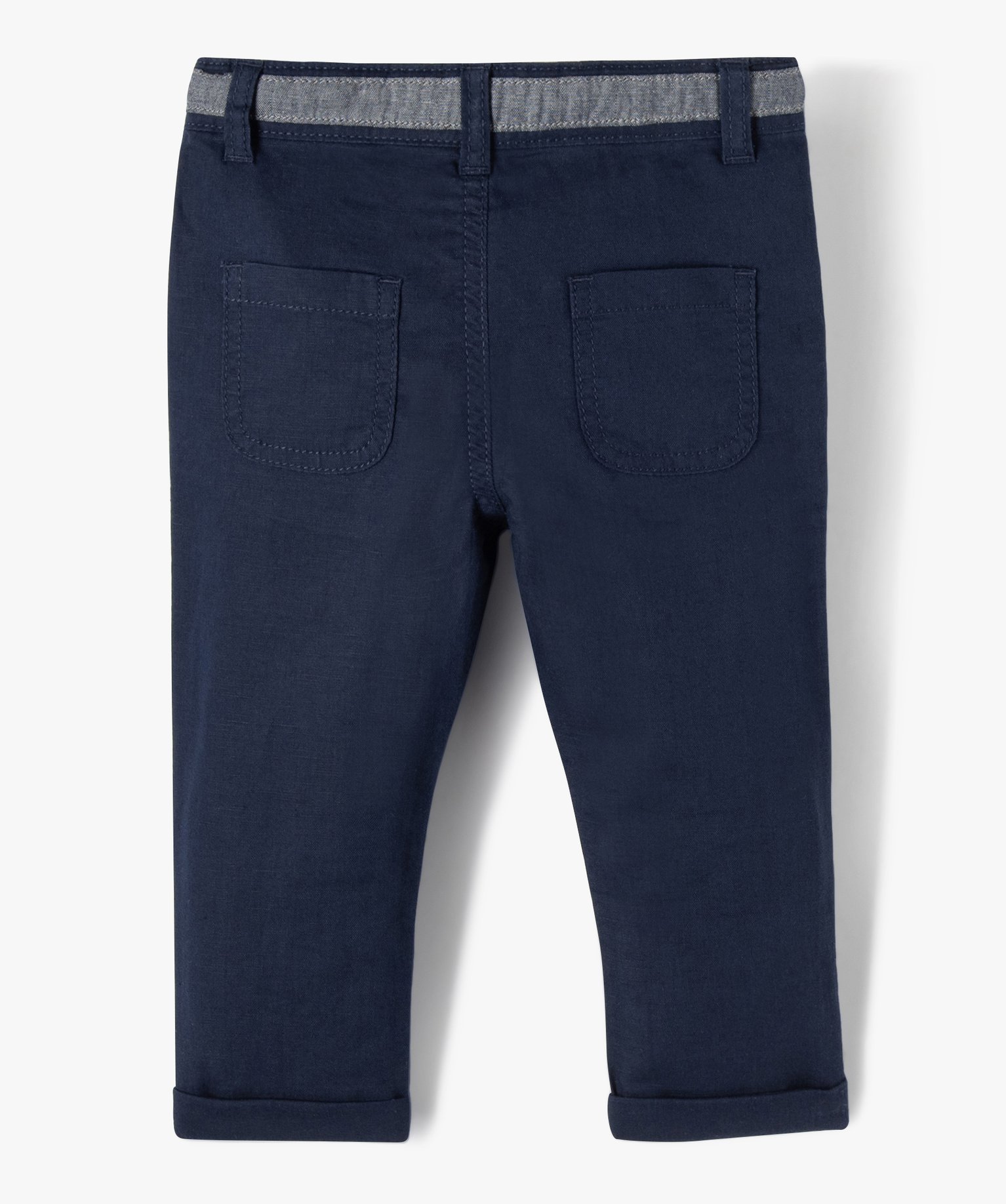 Pantalon bébé Garçon en lin avec ceinture bicolore marine | GEMO