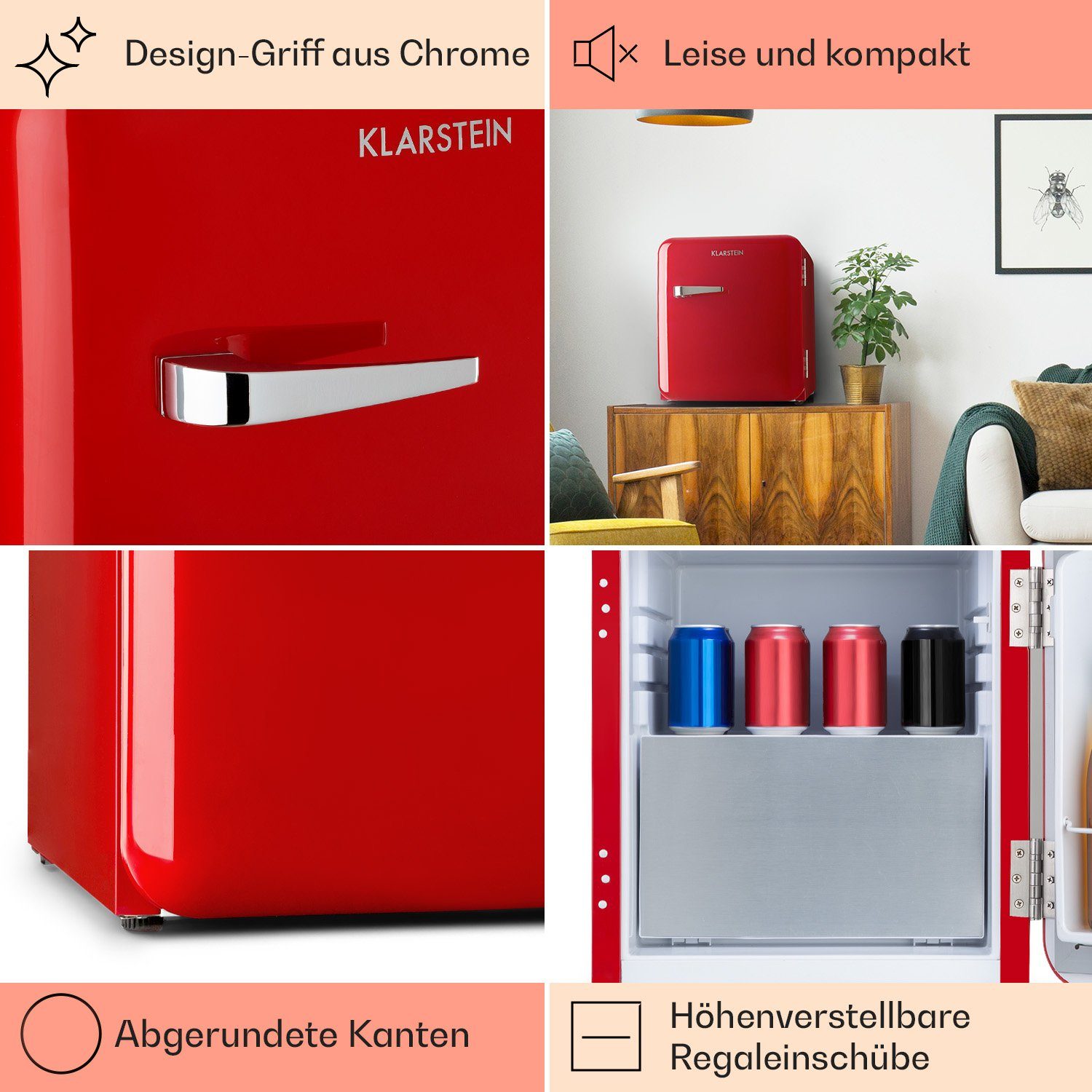 Klarstein Table Top Kühlschrank HEA13-Audrey-rot 10035311A, 50 cm hoch, 44 cm breit, Hausbar Minikühlschrank mit Gefrierfach Getränkekühlschrank klein