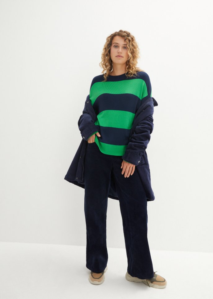 Rundhals-Feinstrickpullover mit Blockstreifen