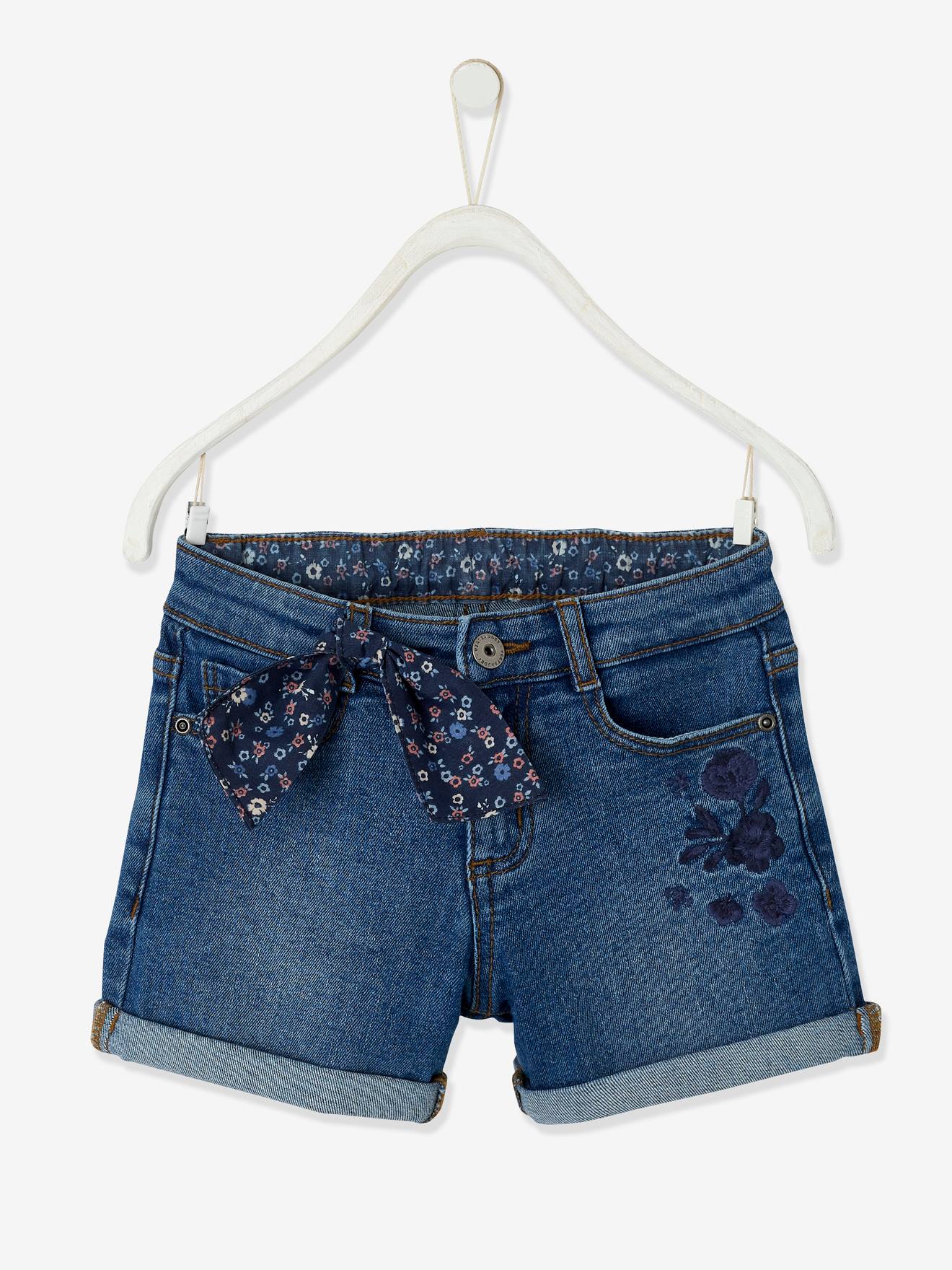 Short en jean brodé fille avec noeud imprimé fleurs double stone
