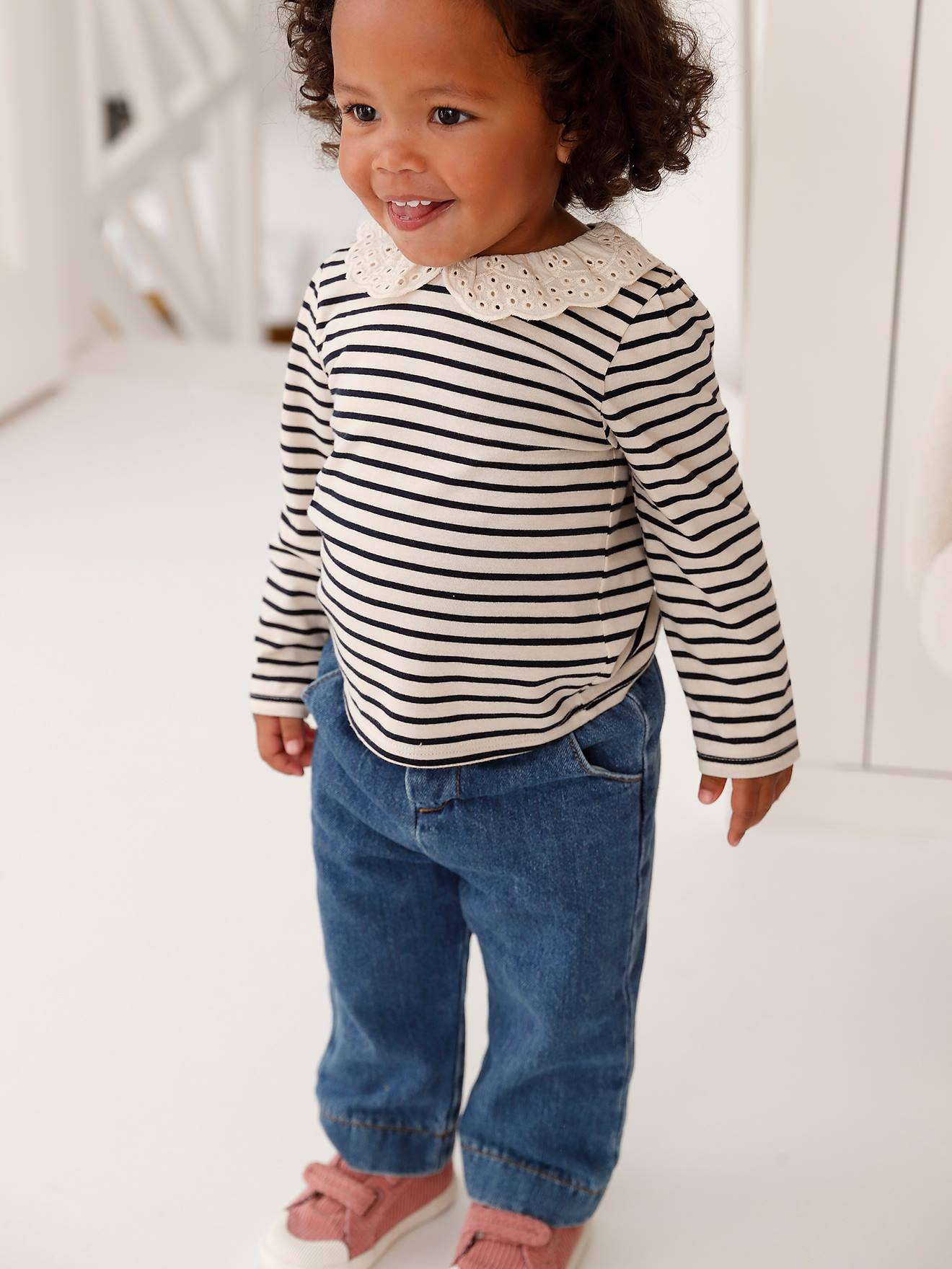 Vertbaudet Baby Shirt mit besticktem Kragen Oeko-Tex - marine gestreift