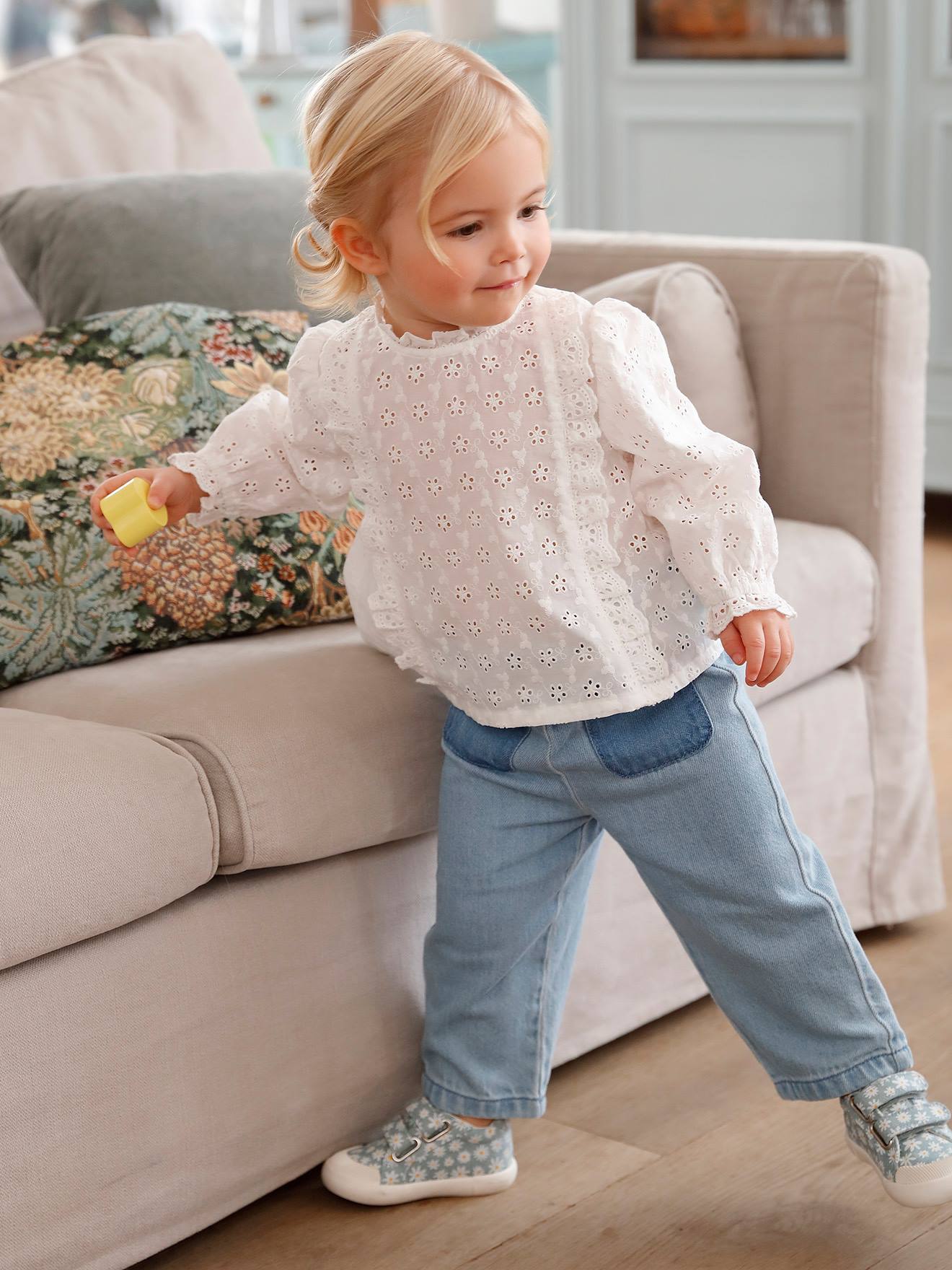 Jean large en denim bébé ceinture en tissu denim bleached