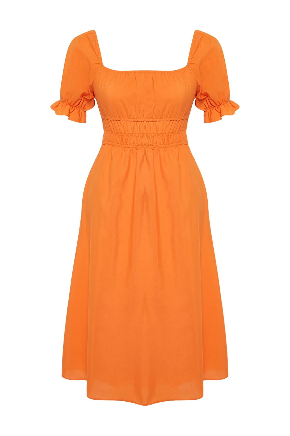 Trendyol Collection  Orangefarbenes Midi-Webkleid mit Ballonärmeln und Taillenöffnung TWOSS22EL1768