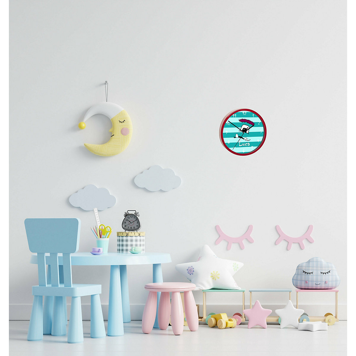 Kinder Wanduhr personalisiert mit Name Monster Streifen türkis