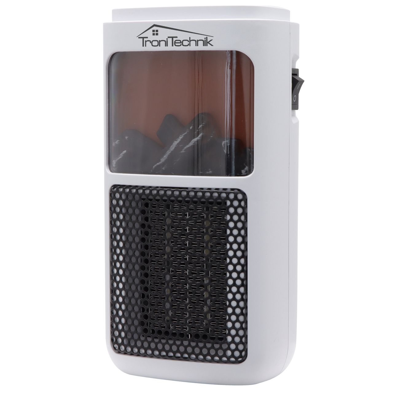 TroniTechnik Steckdosen Heizlüfter Mini, Kaminfeuereffekt LCD Display Keramik 400W