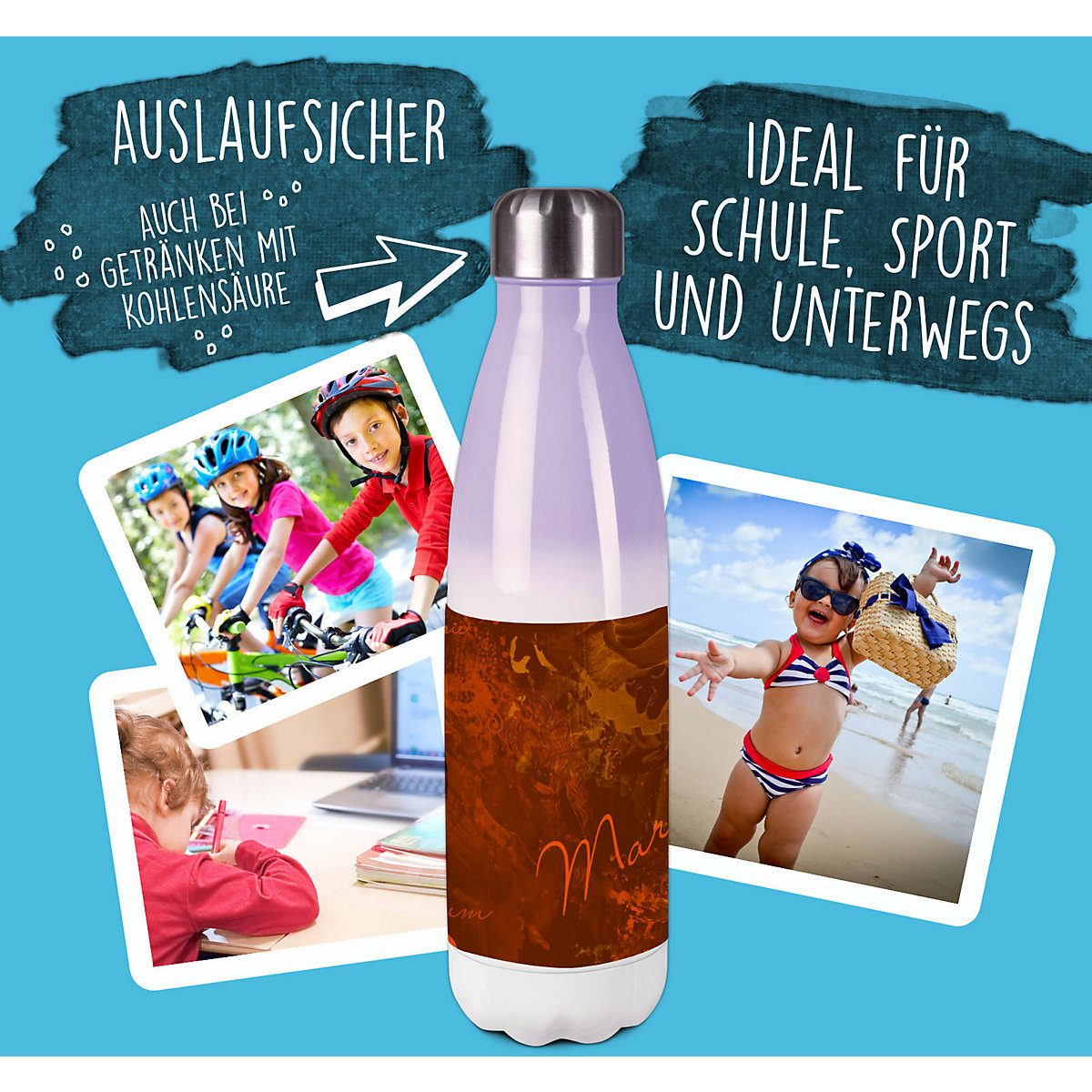Edelstahl Kinder Thermoflasche / Trinkflasche bunt Traum Farbe braun Spülmaschinenfest, Auslaufsicher, Bruchfest, Doppelwandig, Für Heißgetränke geeignet, Mit Deckel, Isoliert