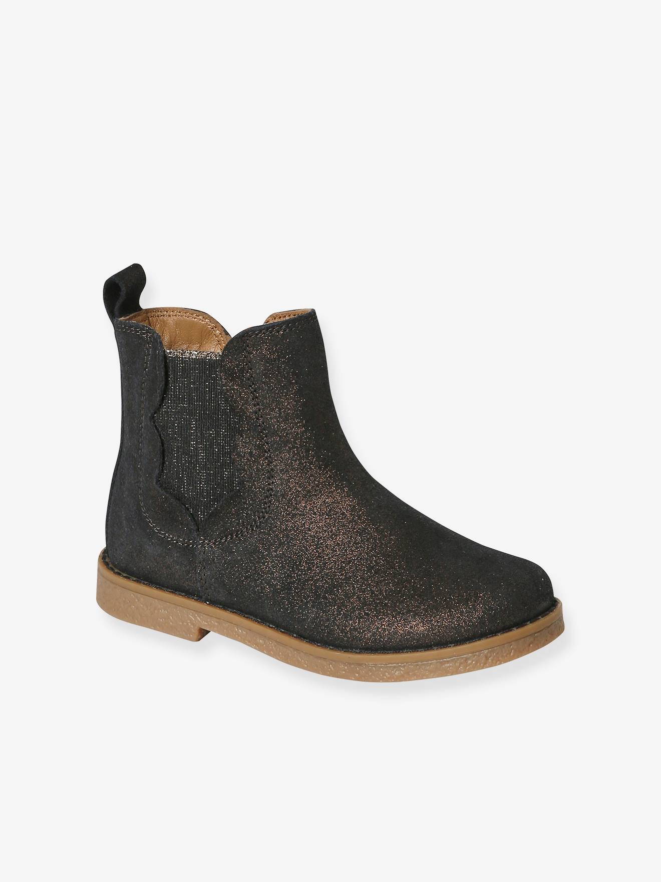 Boots cuir fille zippées et élastiquées marron irisé