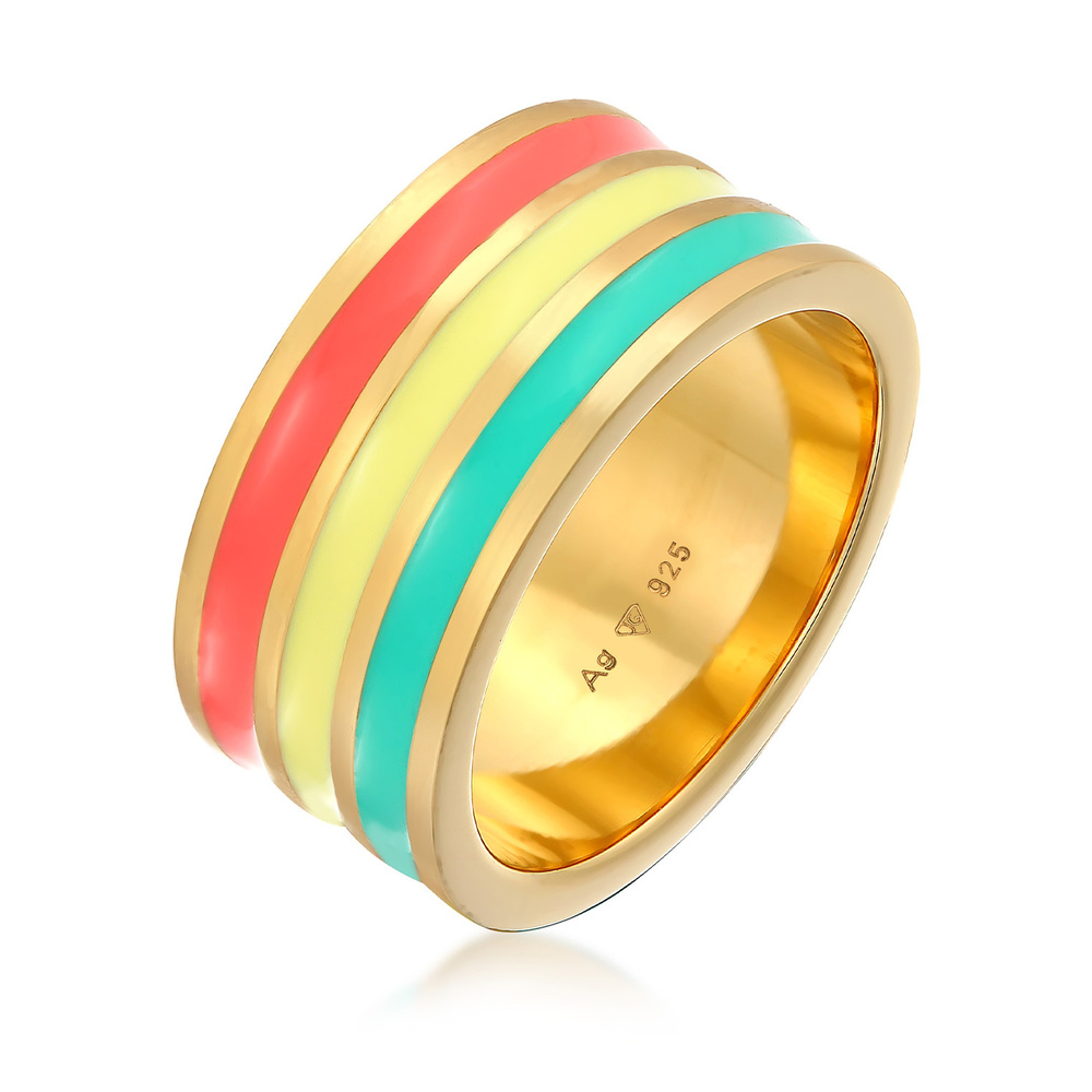 Elli Elli Bague Femmes Bande Large Rainures Tendance avec Émail Multicolore en Argent  Bague