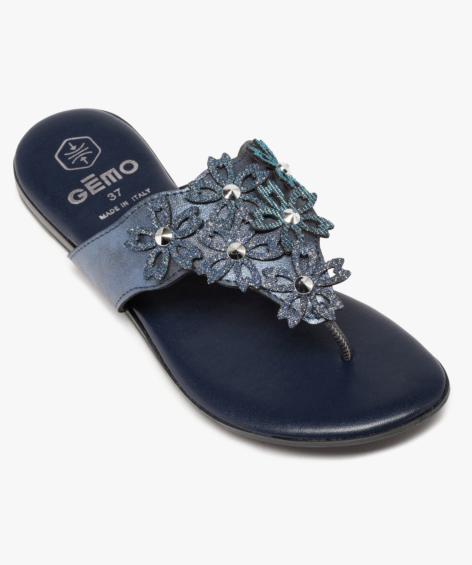 Tongs femme à large bride ornée de fleurs en relief marine | GEMO