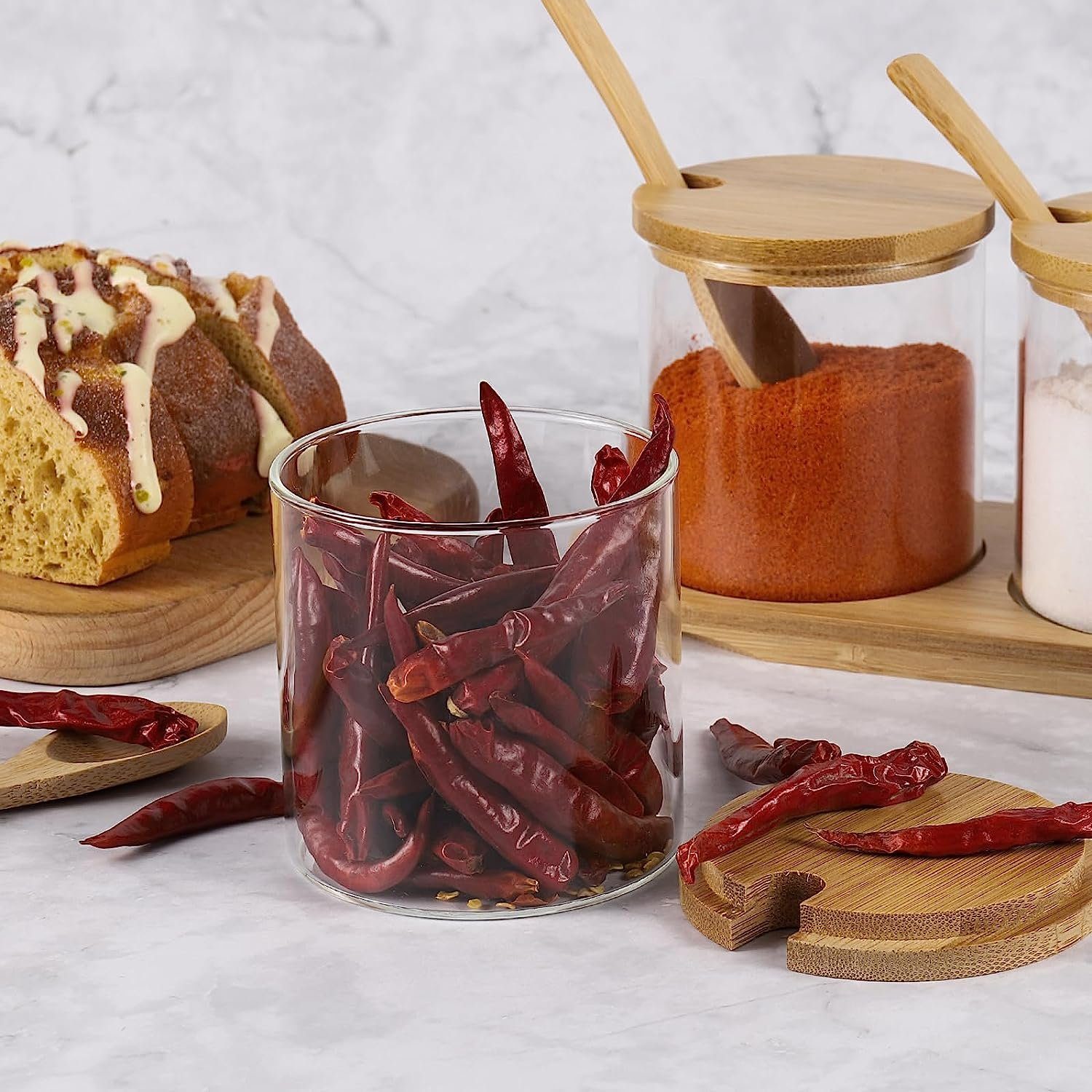 MULISOFT Gewürzbehälter 3 x 300ml Gewürzdosen Glas Gewürzgläser Set, (mit Bamboo Löffel, Deckel und Paletten), Gewürz Organizer für Küche und Esstisch