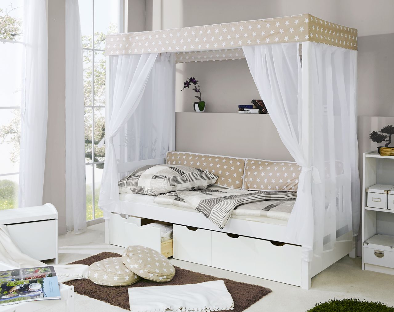 Ticaa Himmelbett Beige Var. 2 - mit 5er Schubkästen -