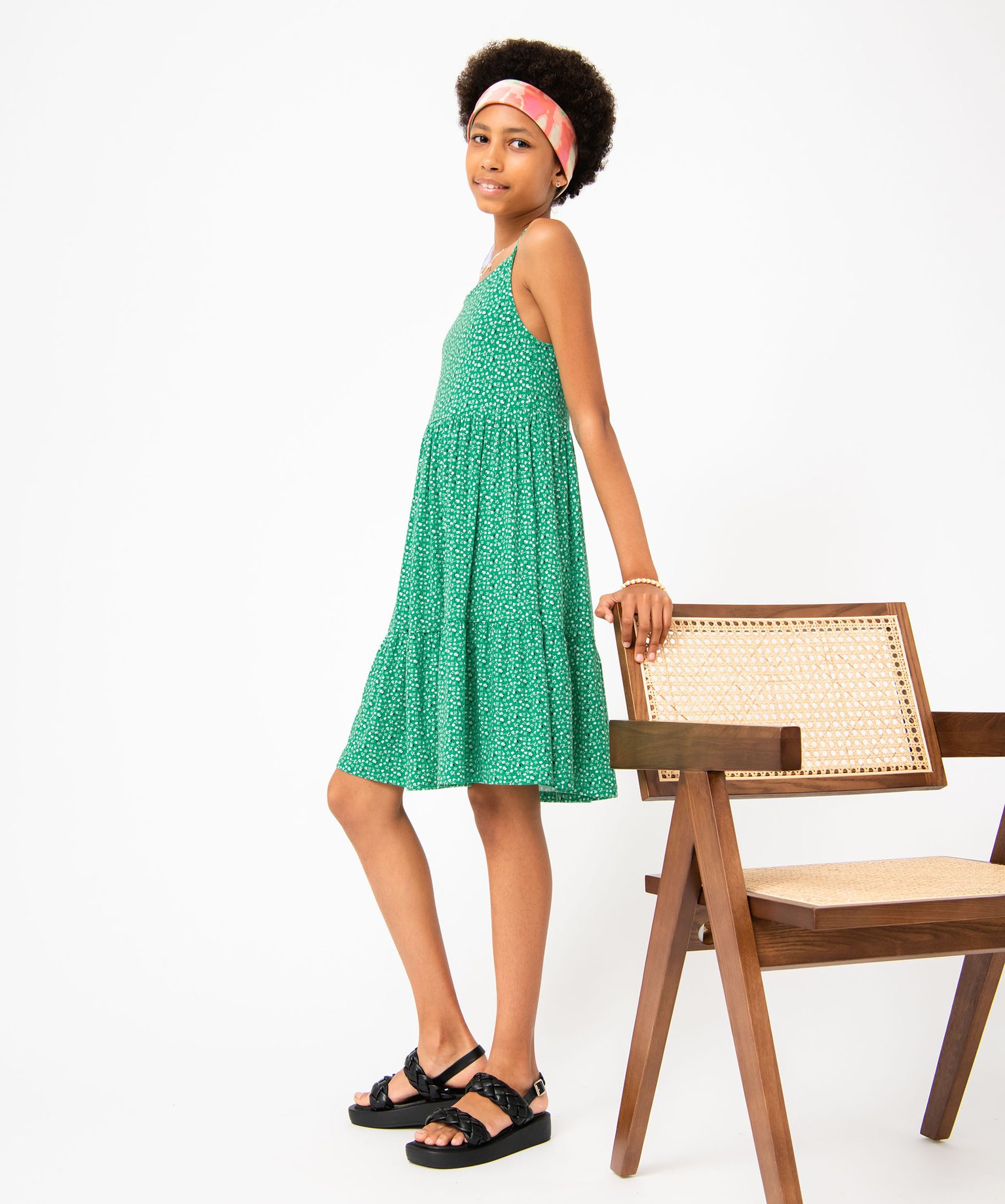 Robe fille imprimée à fines bretelles vert | GEMO