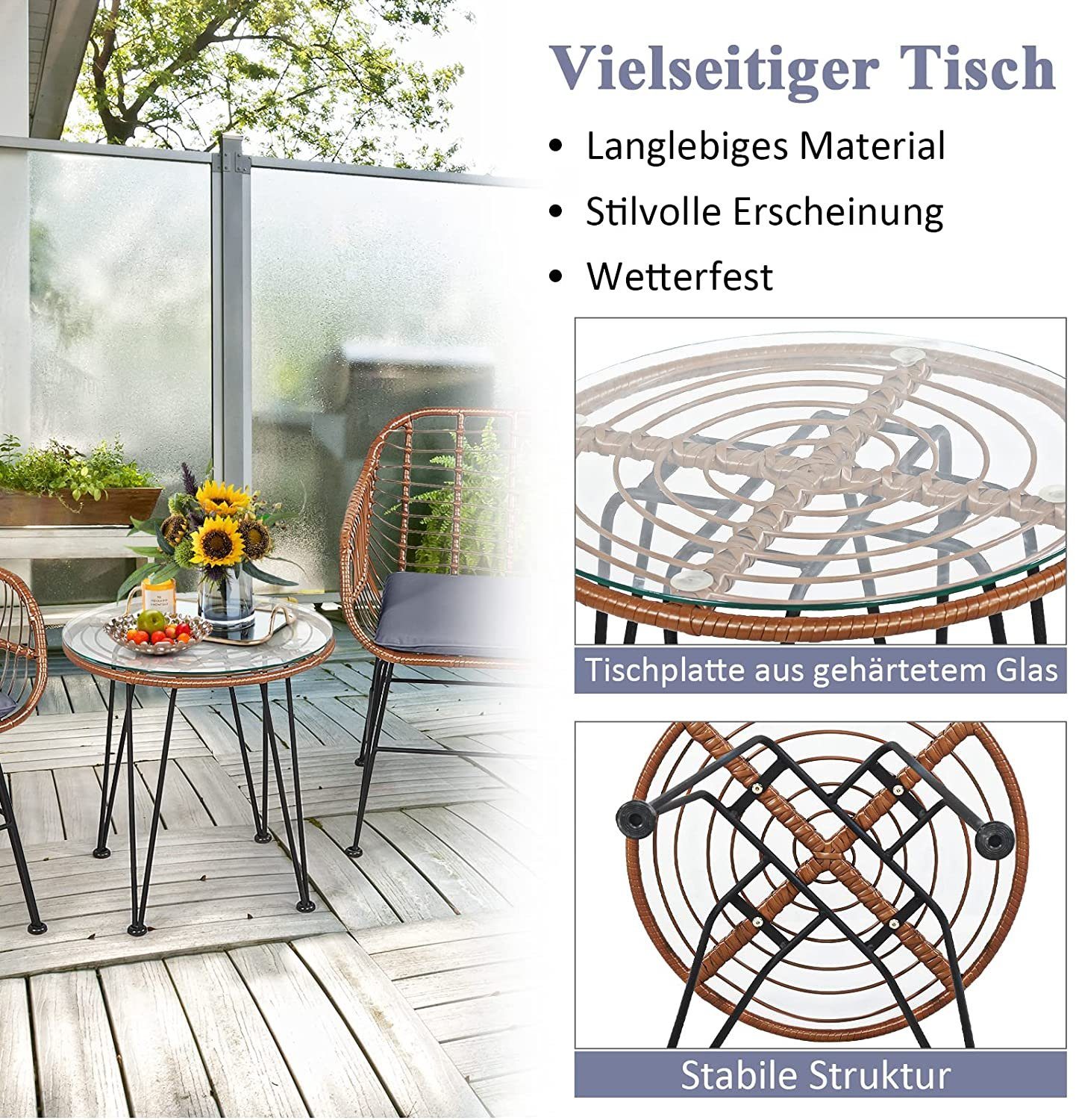 KOMFOTTEU Bistrostuhl 3-teiliges Gartenmöbel-Set, mit 2 Korbsesseln