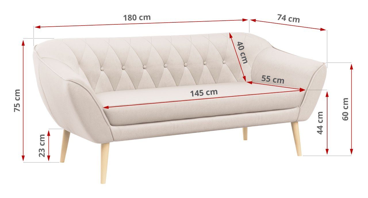 MKS MÖBEL Sofa PIRS-3 Sitzer, Skandinavischer Stil, Gesteppte Polsterung, Holzbeine