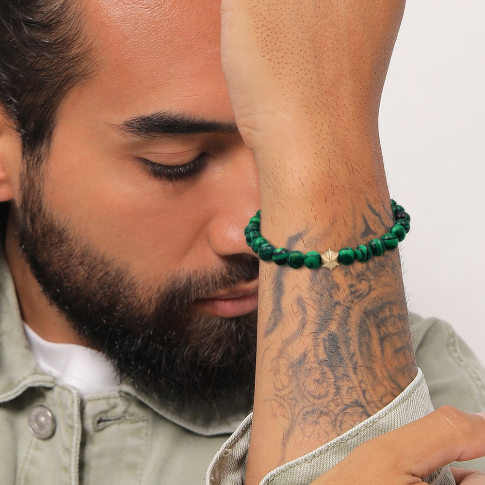 KUZZOI KUZZOI Bracelet Hommes oxydé Malachite look avec des boules d'agate en argent ste Bracelet