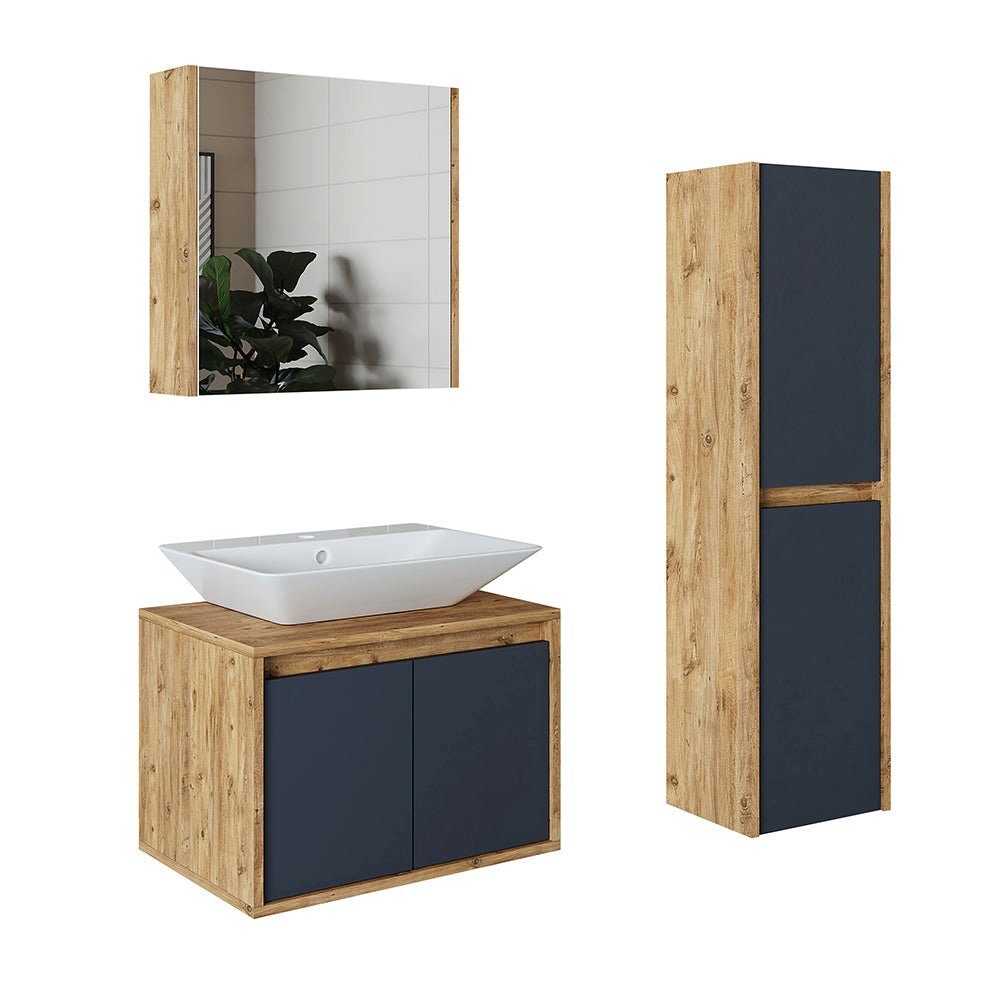 Roomart Badmöbel-Set, (Badmöbel Set 65cm Unterschrank Waschbecken Spiegelscrank Hochschrank)