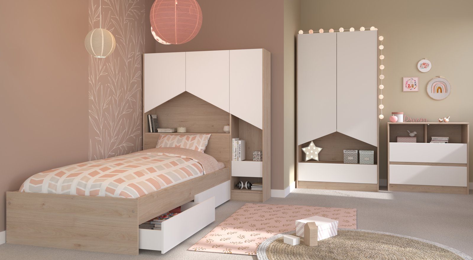 Parisot Jugendzimmer-Set Shelter, (Kinderzimmer Komplett-Set 6-teilig, weiß und Eiche), mit viel Stauraum