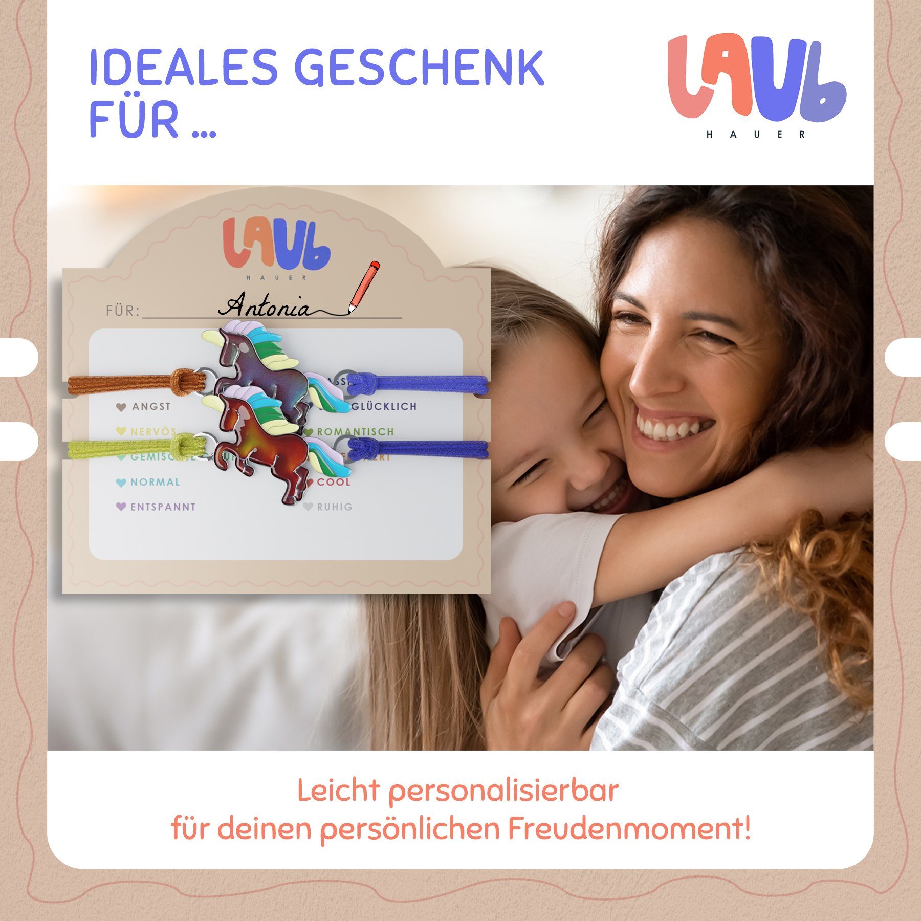 Laubhauer Armband Set Stimmungsarmband Pferd Einhorn Anhänger Kinder Mädchen Regenbogenfarbe (2, 2er Set), Freundschaftsband, Personalisierbar
