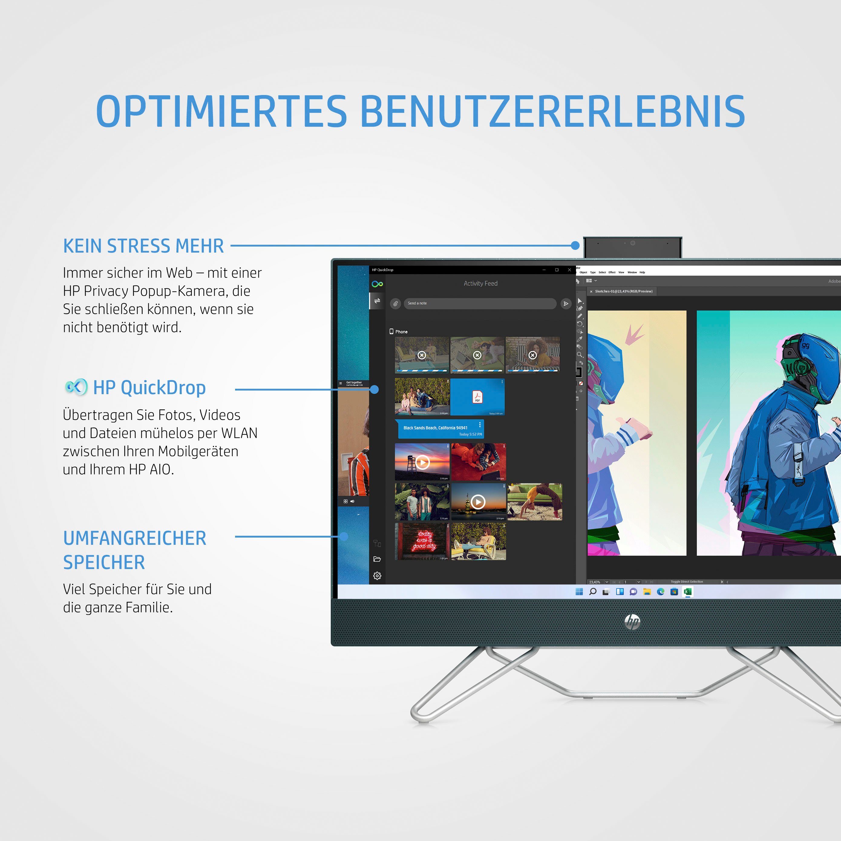 HP 27-cb0203ng All-in-One PC (27 Zoll, AMD Ryzen 7 5700U, Radeon™ Graphics, 16 GB RAM, 1000 GB SSD)