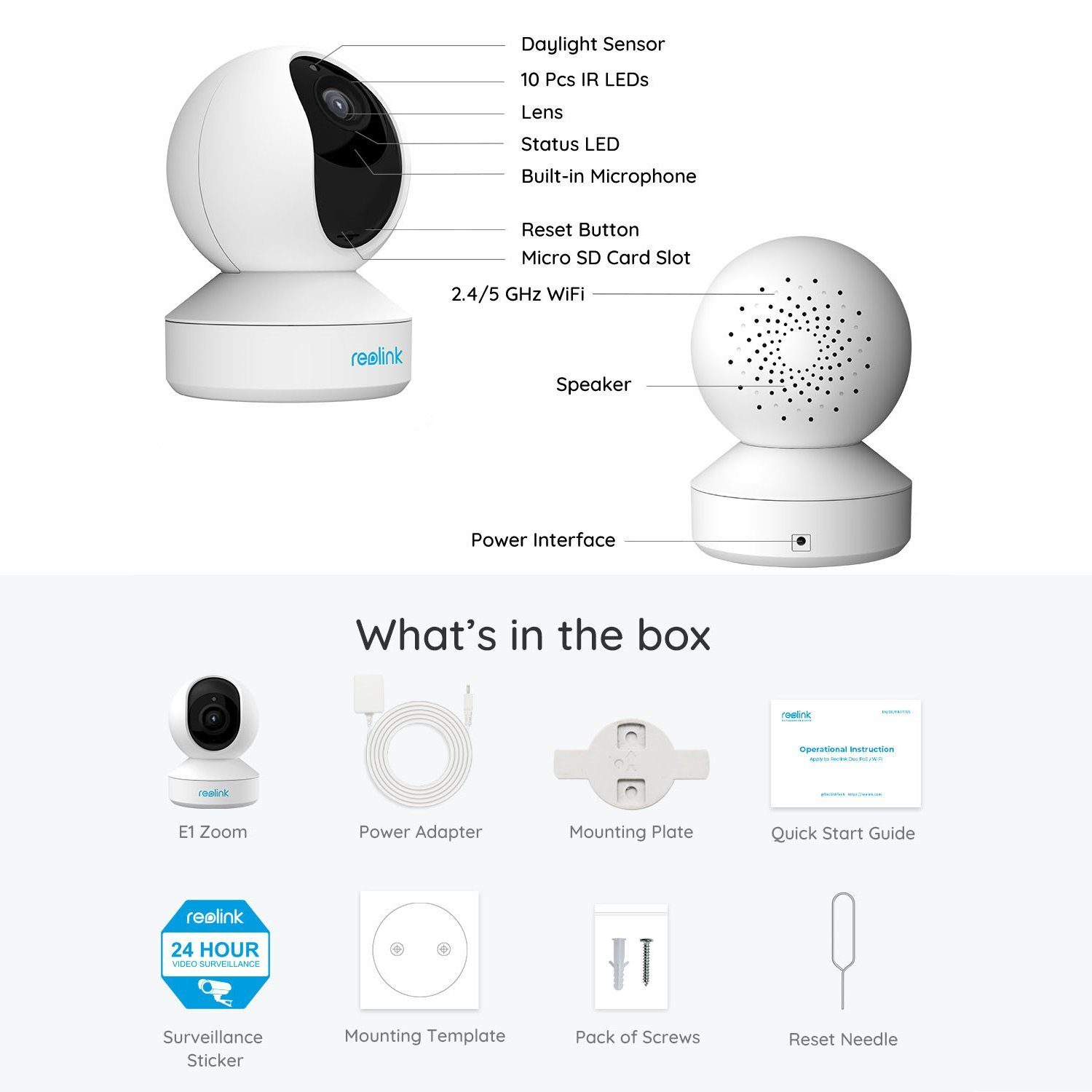 Reolink E1-Zoom 5MP PTZ WLAN IP Überwachungskamera (Innenbereich, 3X Optischem Zoom, 2,4/5,0 GHz WiFi, 12m IR-Nachtsicht, 2-Wege-Audio)