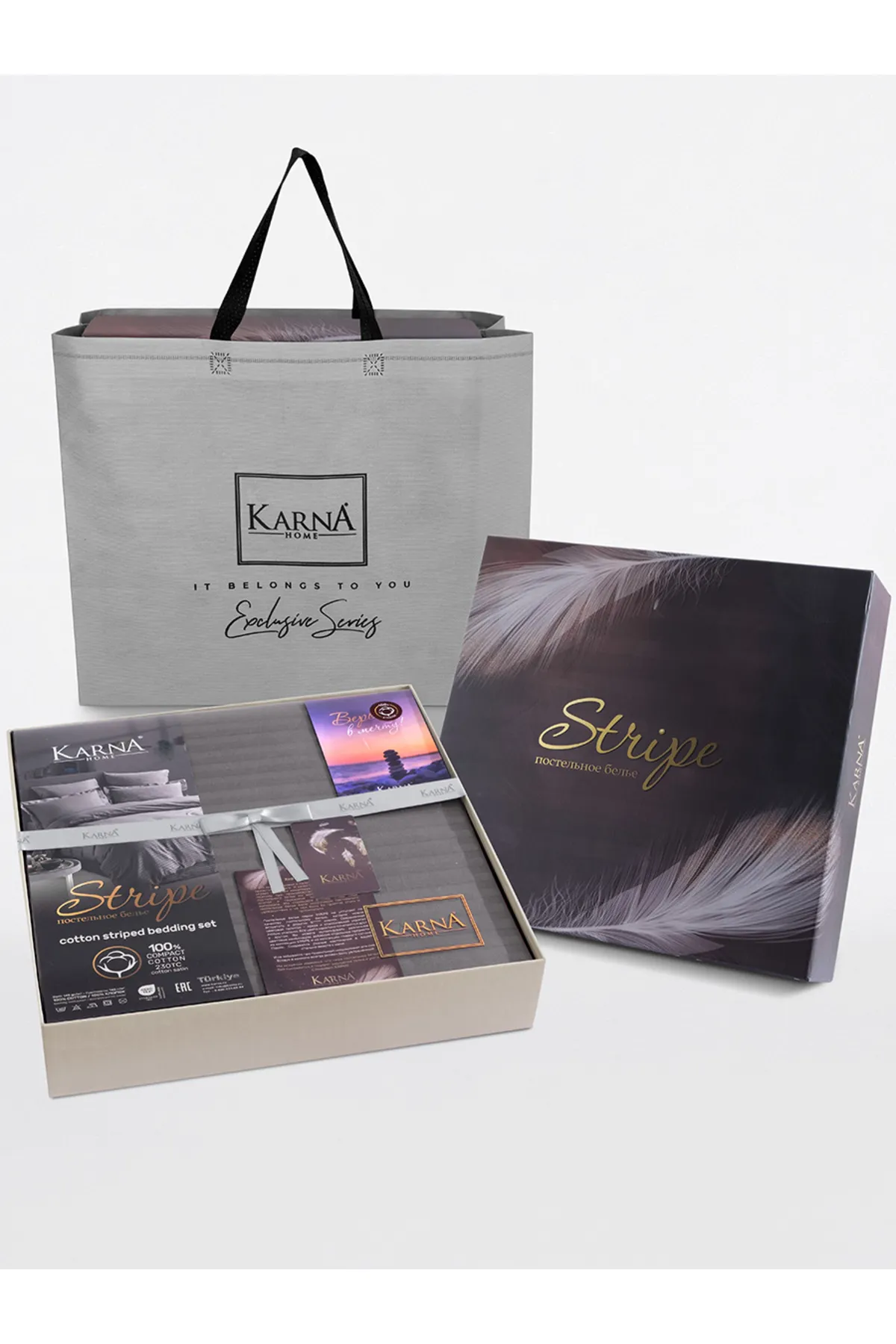 Karna Home  Streifen-gestreiftes Bettbezug-Set aus doppeltem Baumwollsatin, Grau