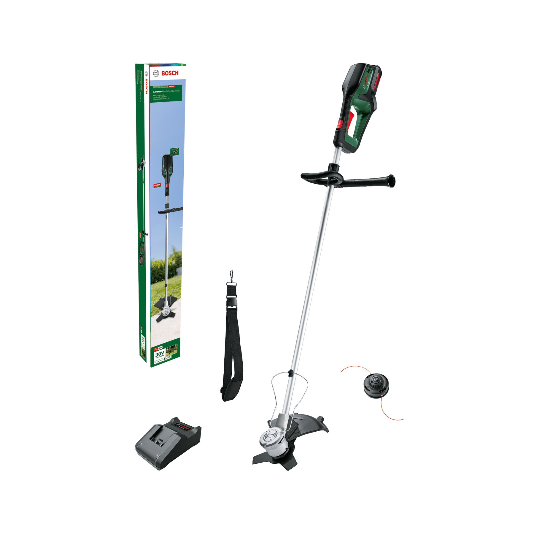 Débroussailleuse sans fil Bosch Green 06008C1K03 AdvancedBrushCut 36V-23-750, avec batterie 2,0 Ah et chargeur AL 36V-20 dans sa boîte.
