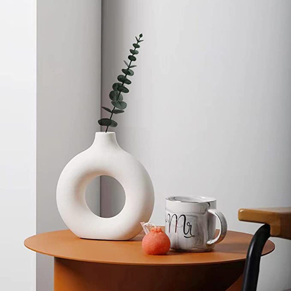zggzerg Dekovase Keramik Vase für Pampasgras, Beige Donut Vase Deko Wohnzimmer Runde