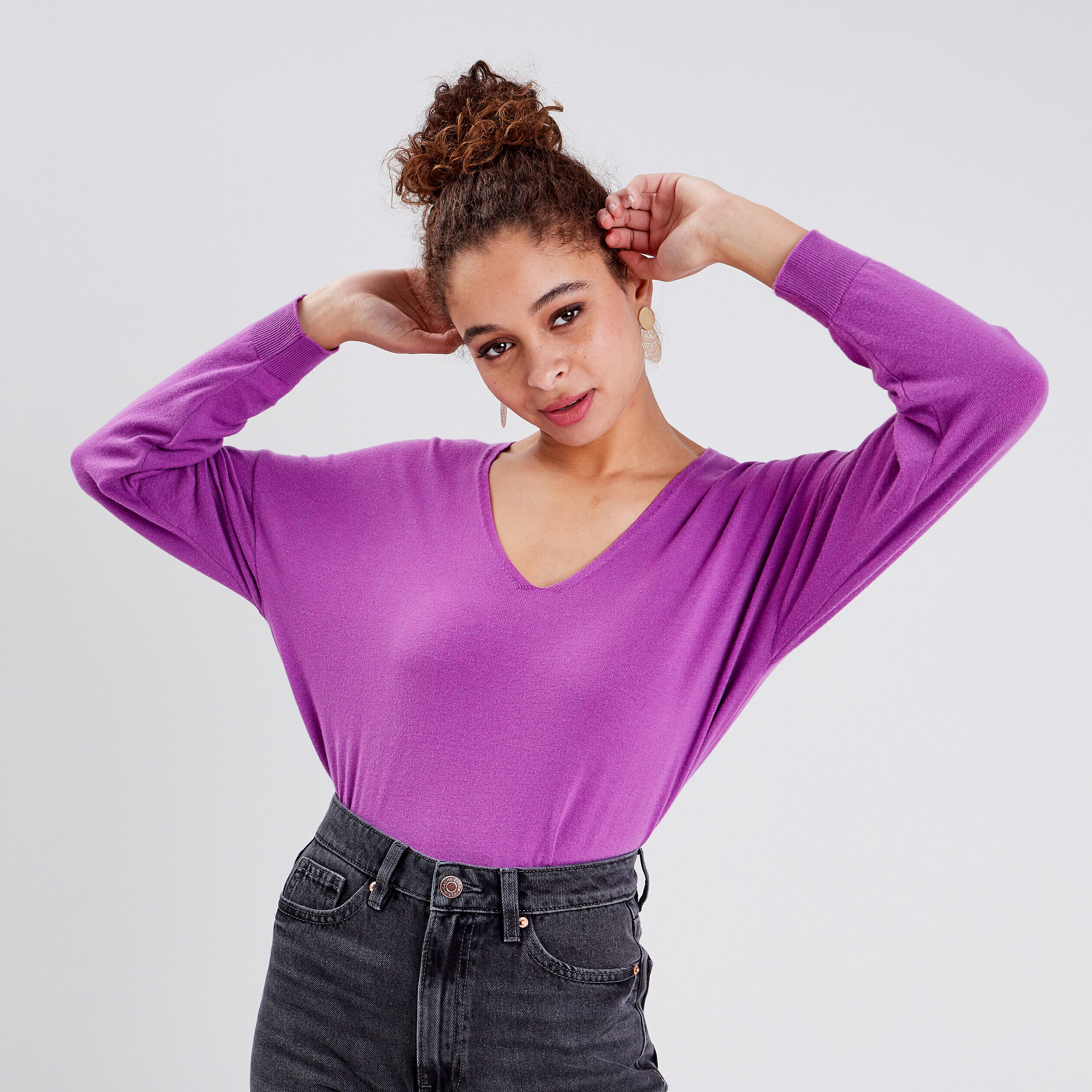 Pull avec col en V violet femme | Cache Cache