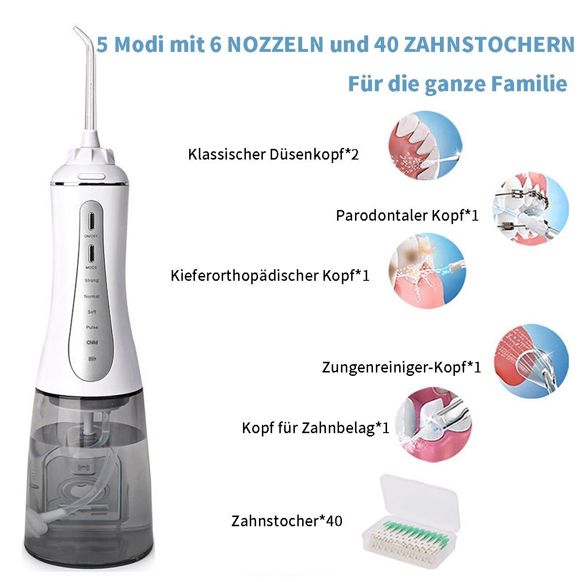 flowgoer Reise-Munddusche Tragbare Munddusche zur Tiefenreinigung mit 5 Modi und 6 Düsen, Großes Tankvolumen, wasserdicht, ideal für Reisen und Zuhause