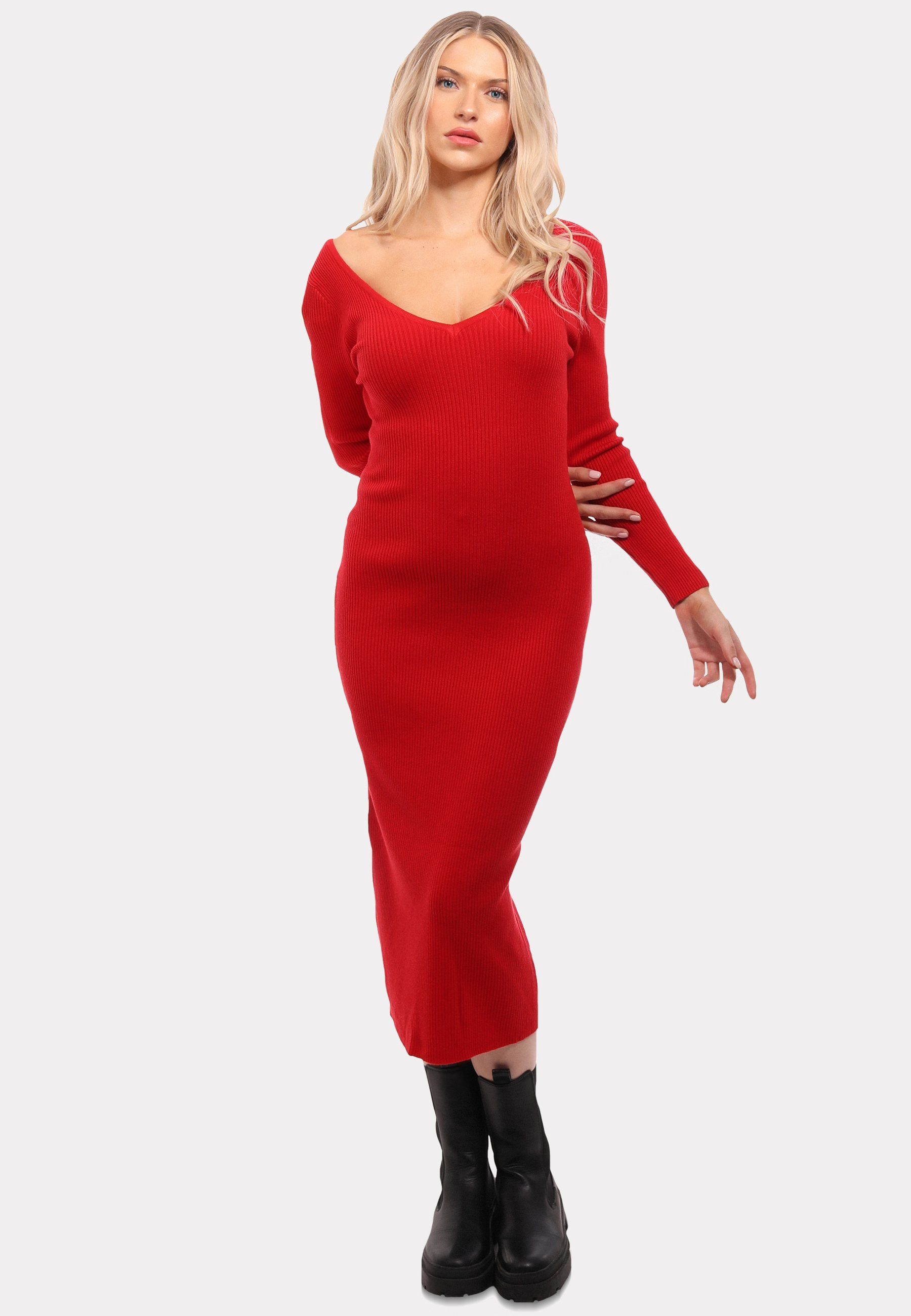 YC Fashion & Style Strickkleid Strickkleid mit V-Ausschnitt KNIT DRESS (Kein Set, 1 -tlg) Langarm, in Unifarbe, mit V-Ausschnitt