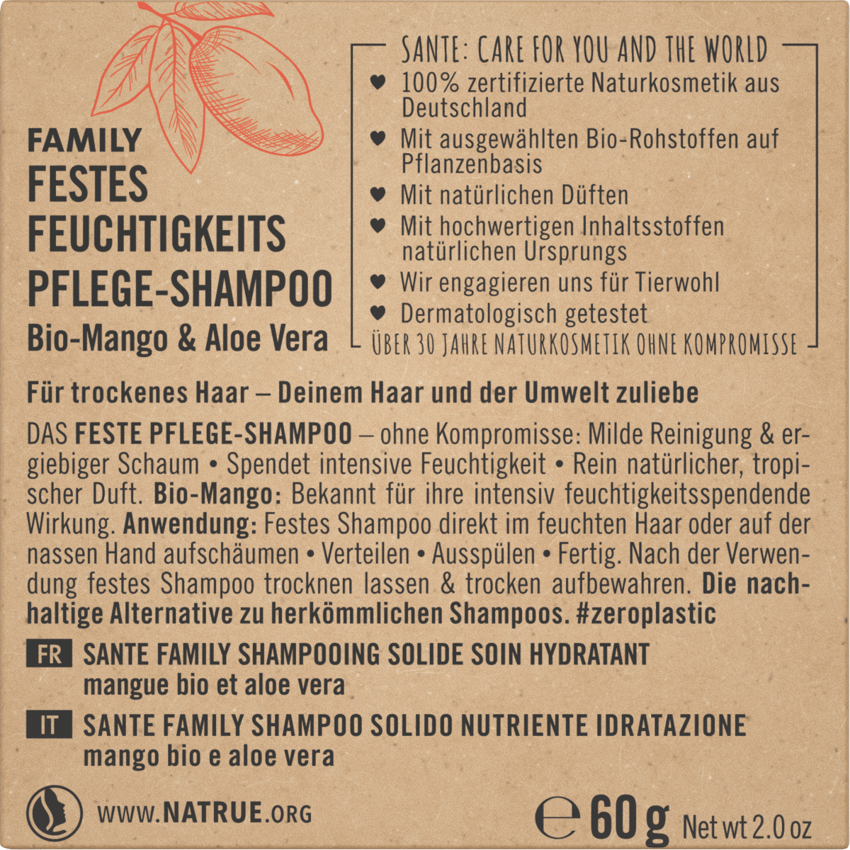 Festes Shampoo Feuchtigkeit Bio-Mango & Aloe Vera, 60 g