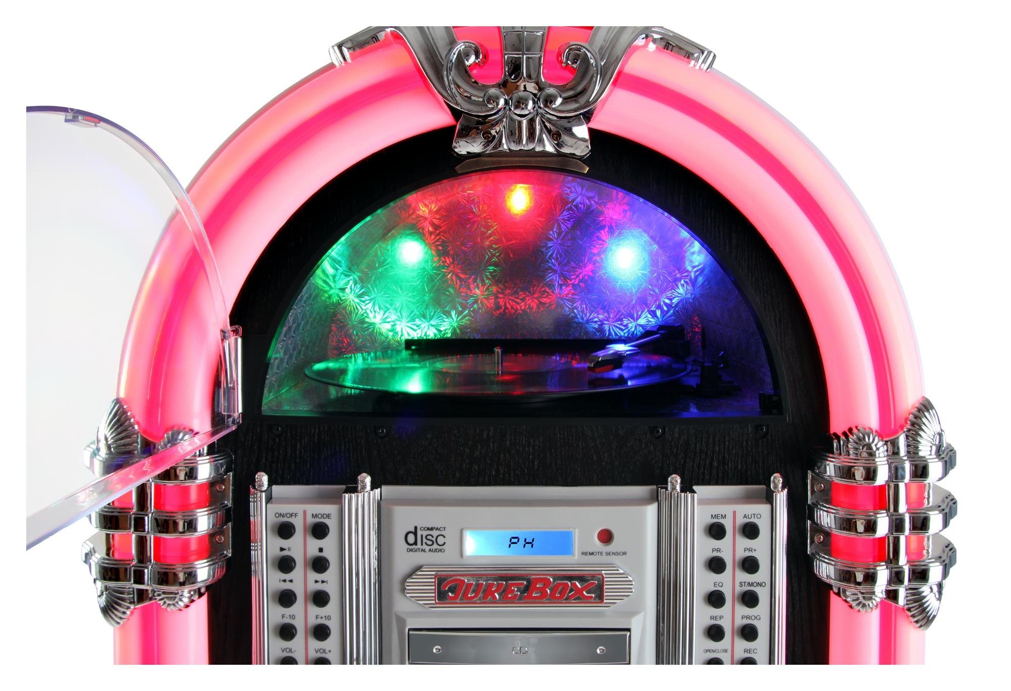 Beatfoxx GoldenAge XXL Jukebox mit Plattenspieler inkl. Untergestell Stereoanlage (UKW/MW-Radio, 60 W, Retro Musikbox mit LED-Beleuchtung, CD-Player, Bluetooth, USB-SD, AUX)