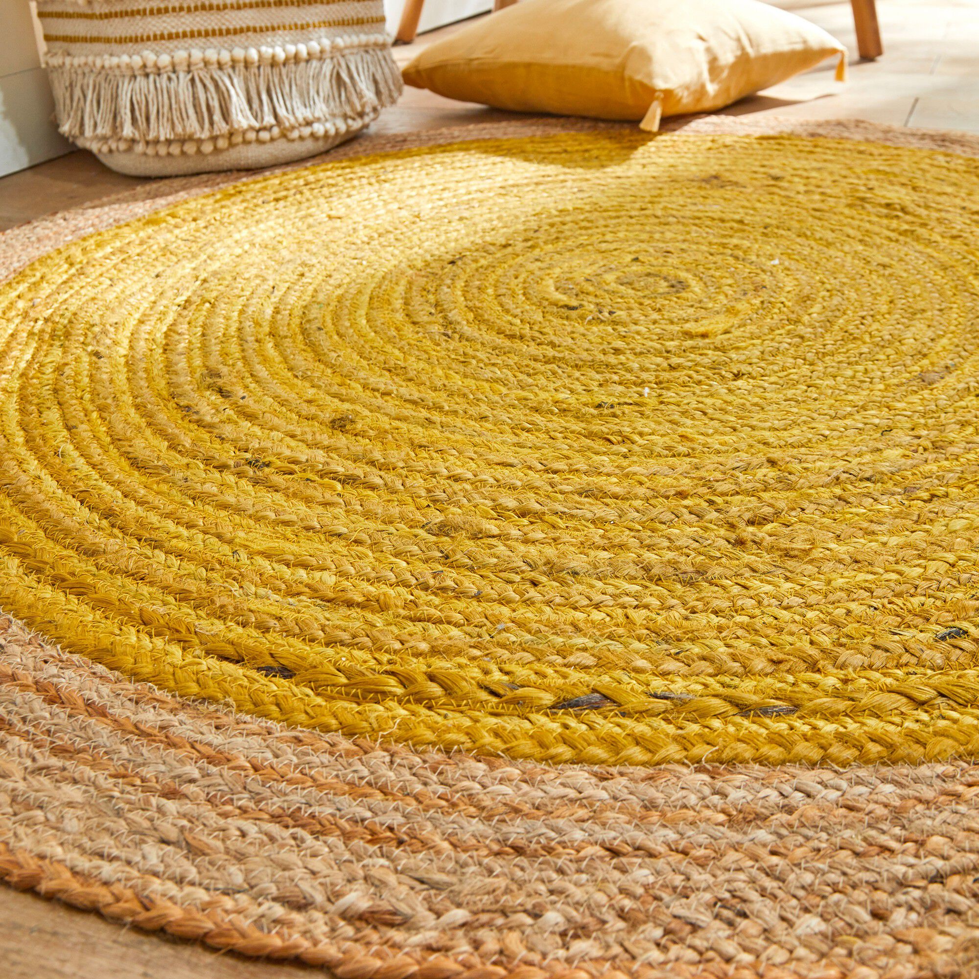 Tapis rond jute bicolore moutarde/naturel
