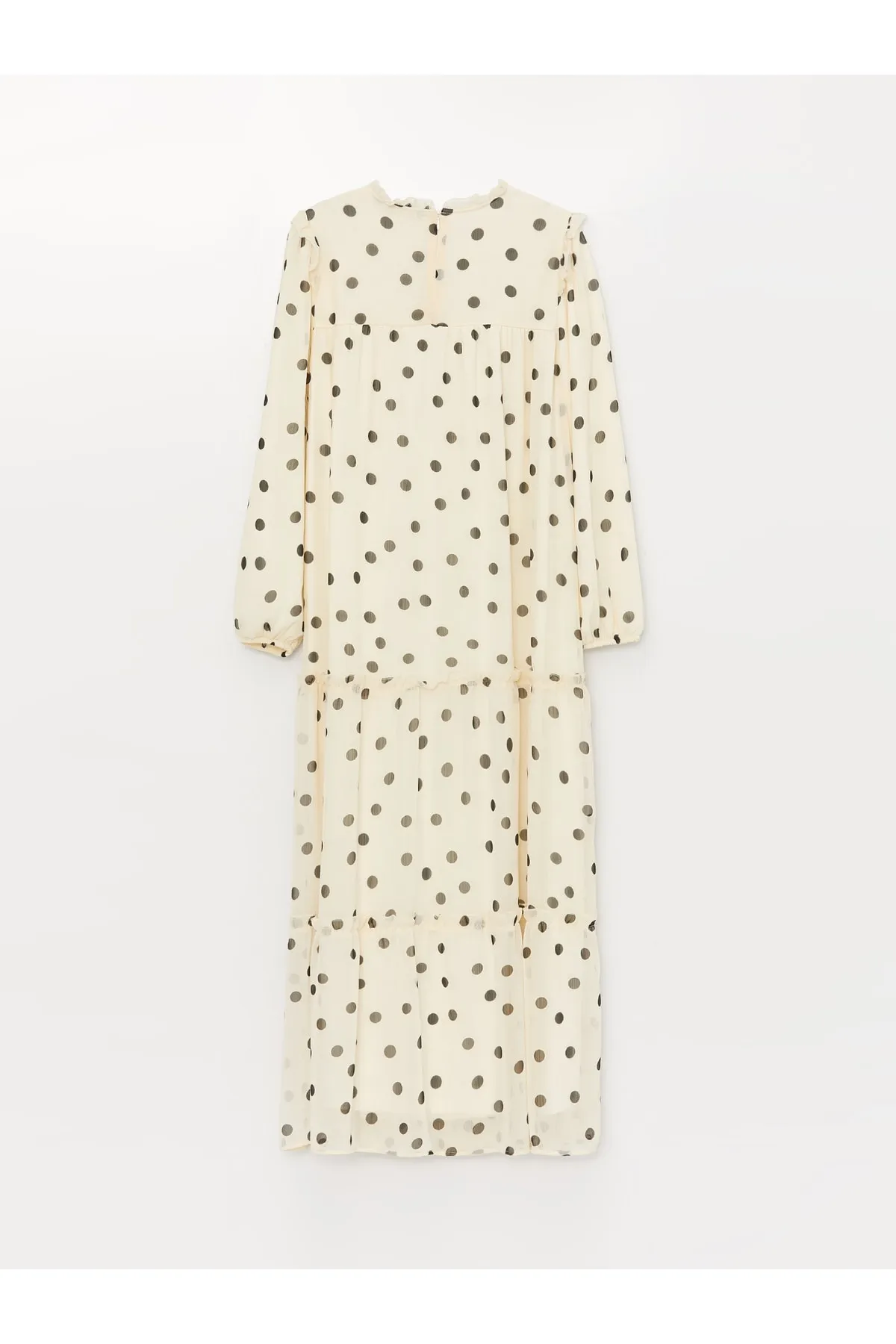 LC Waikiki  Gerüschtes, langärmeliges Chiffon-Damenkleid mit hohem Kragen und Punkten