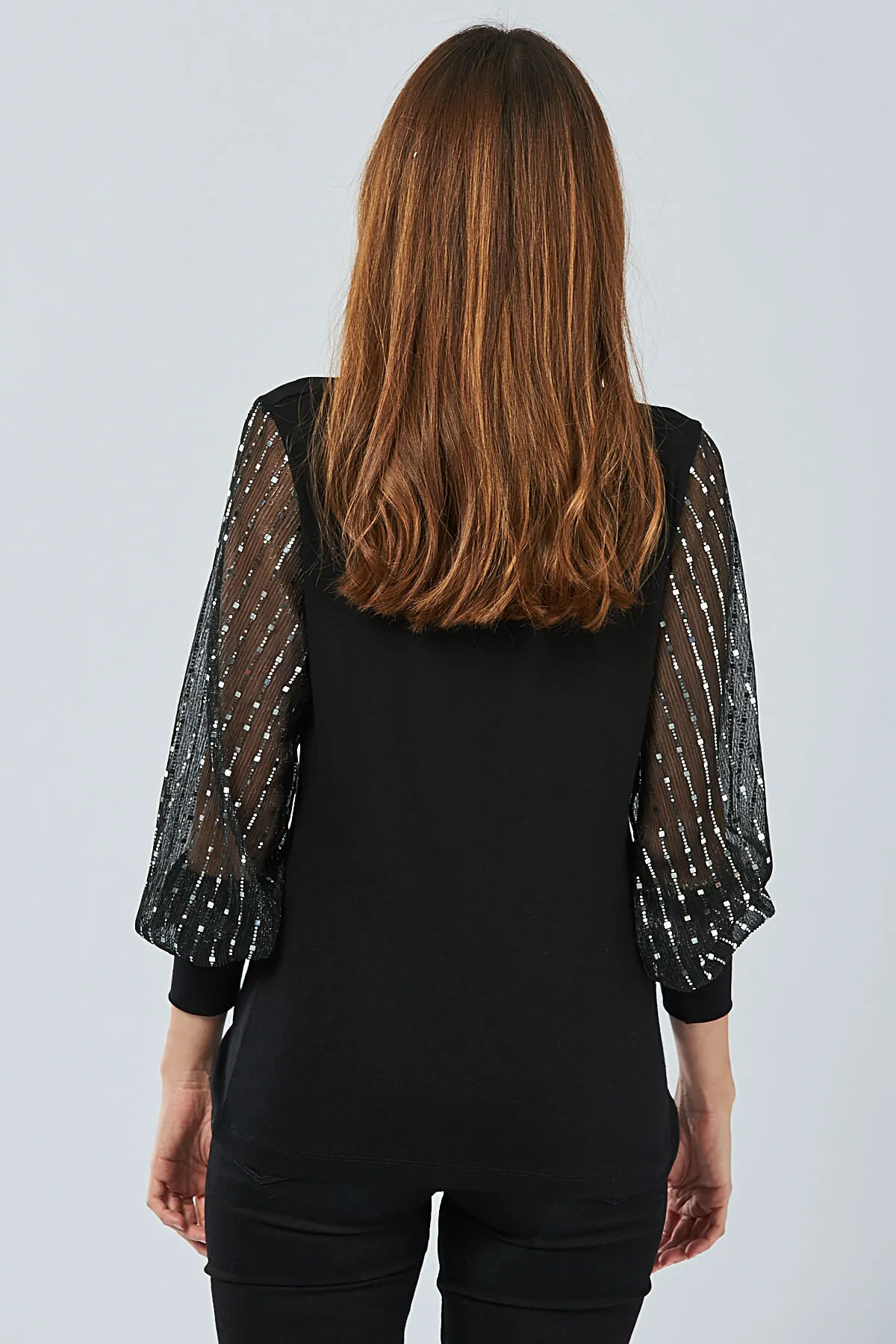 Cool & Sexy  Damenbluse mit schwarzen Ärmeln und Pailletten, BK5024