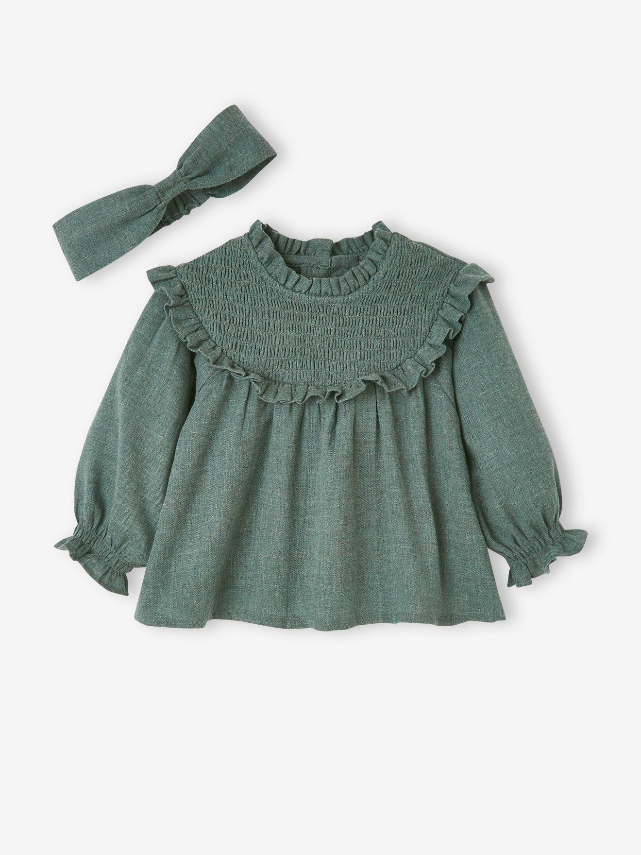 Blouse à smocks bébé et son bandeau assorti lilas