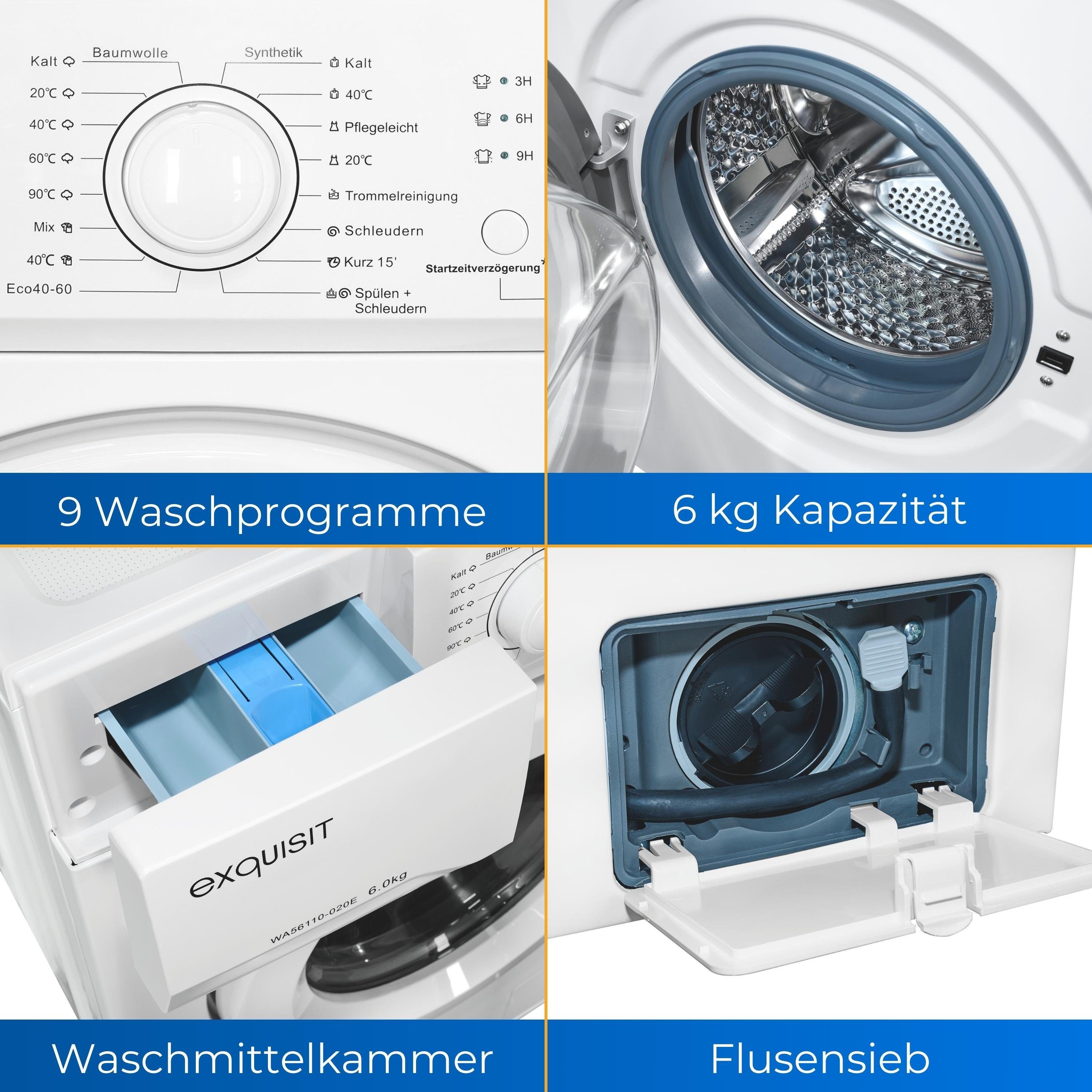 exquisit Waschmaschine WA56110-020E, 6 kg, 1000 U/min, einfach, kompakt und ideal für den kleinen Haushalt