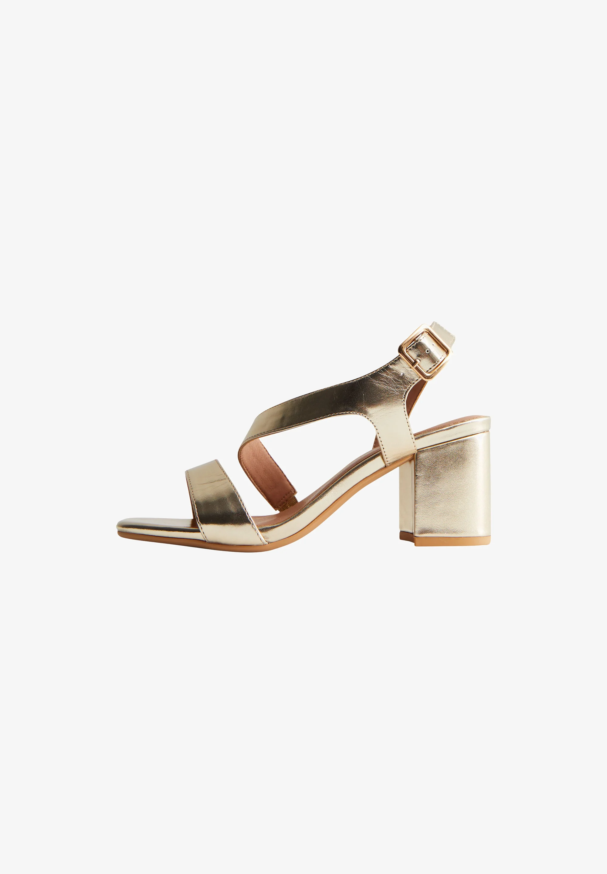 Sandalias New Look Wide Fit con tacón cuadrado asimétrico dorado y ajuste ancho