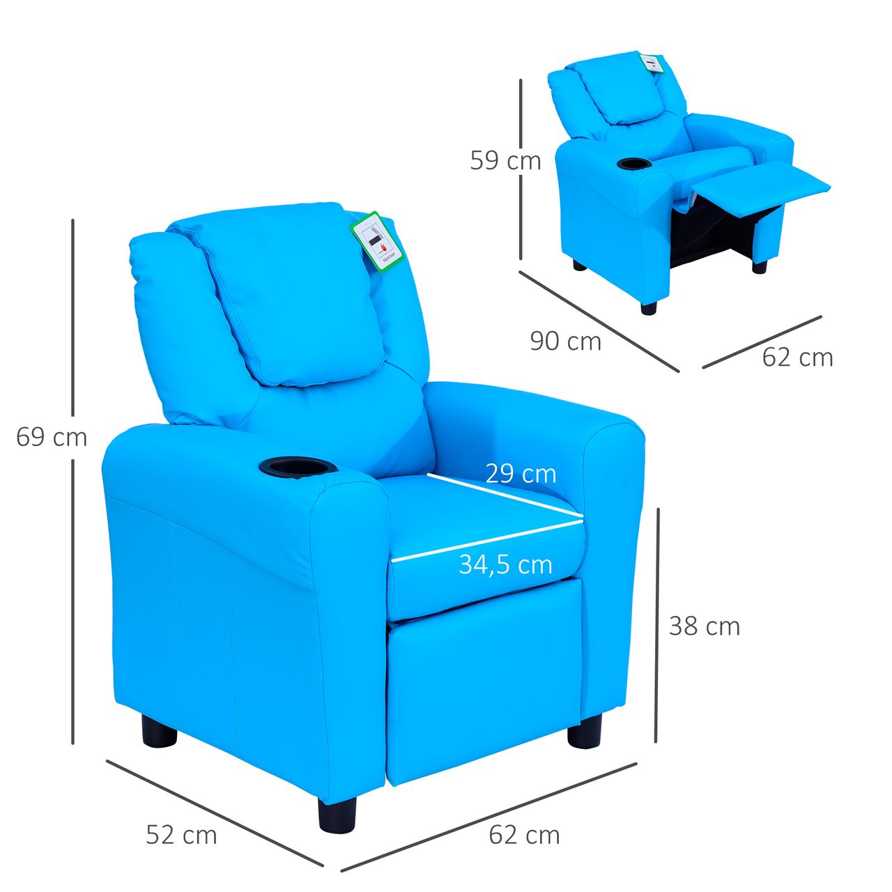 HOMCOM Kindersessel für 3-6 Jahre alt, Liegefunktion, Eingebauten Becherhalter, Blau, 62 x 52 x 69 cm