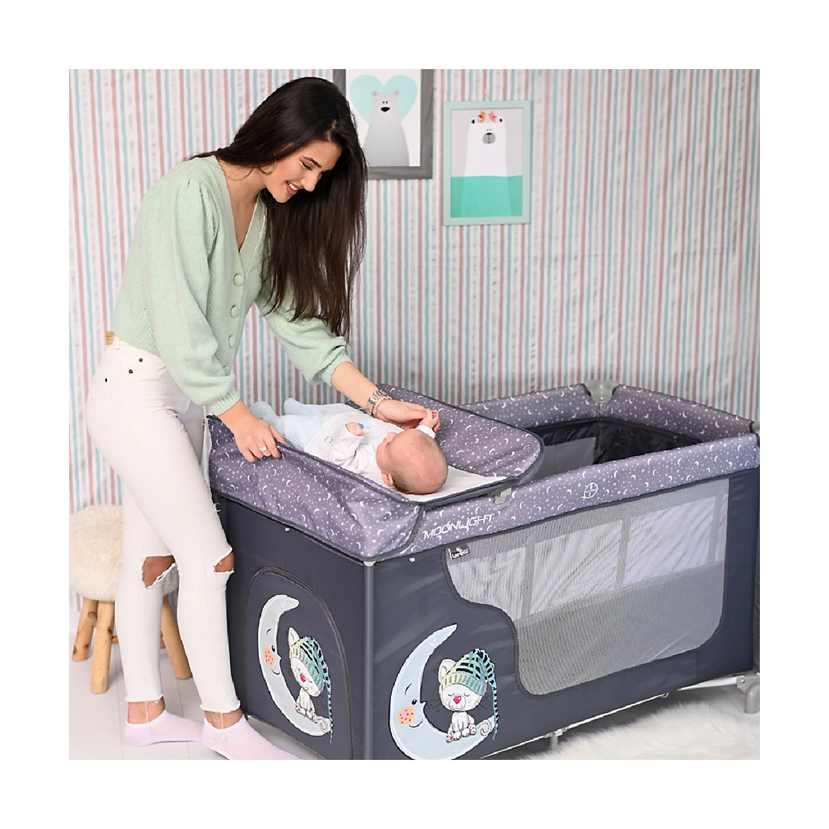 Reisebett Moonlight, zwei Ebenen, Wickelauflage, Matratze, Tasche Reisebetten