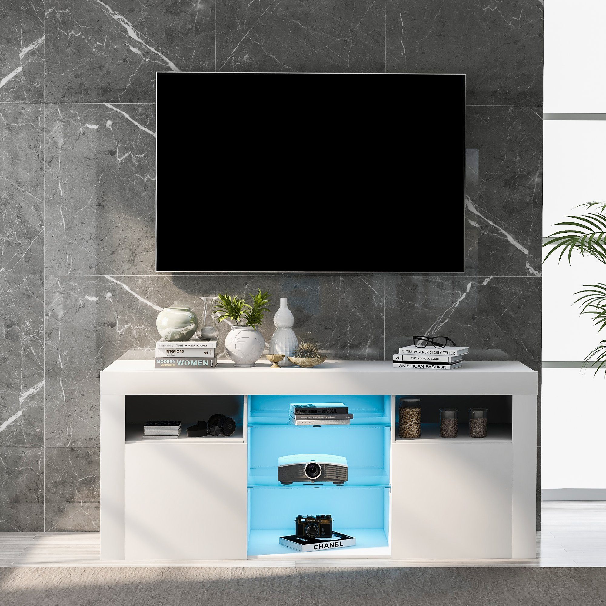 Fangqi Lowboard LED-TV-Ständer 120 cm Schranktisch, mit 16-Farben-LED-RGB-Leuchten (Fernbedienung, 4 Blitzeffekten, TV-Board,TV Schrank Fernsehtisch Fernsehschrank, Moderne TV-Einheit), Aufbewahrung (5 großen offenen Regalen und 2 Schränken mit Türen