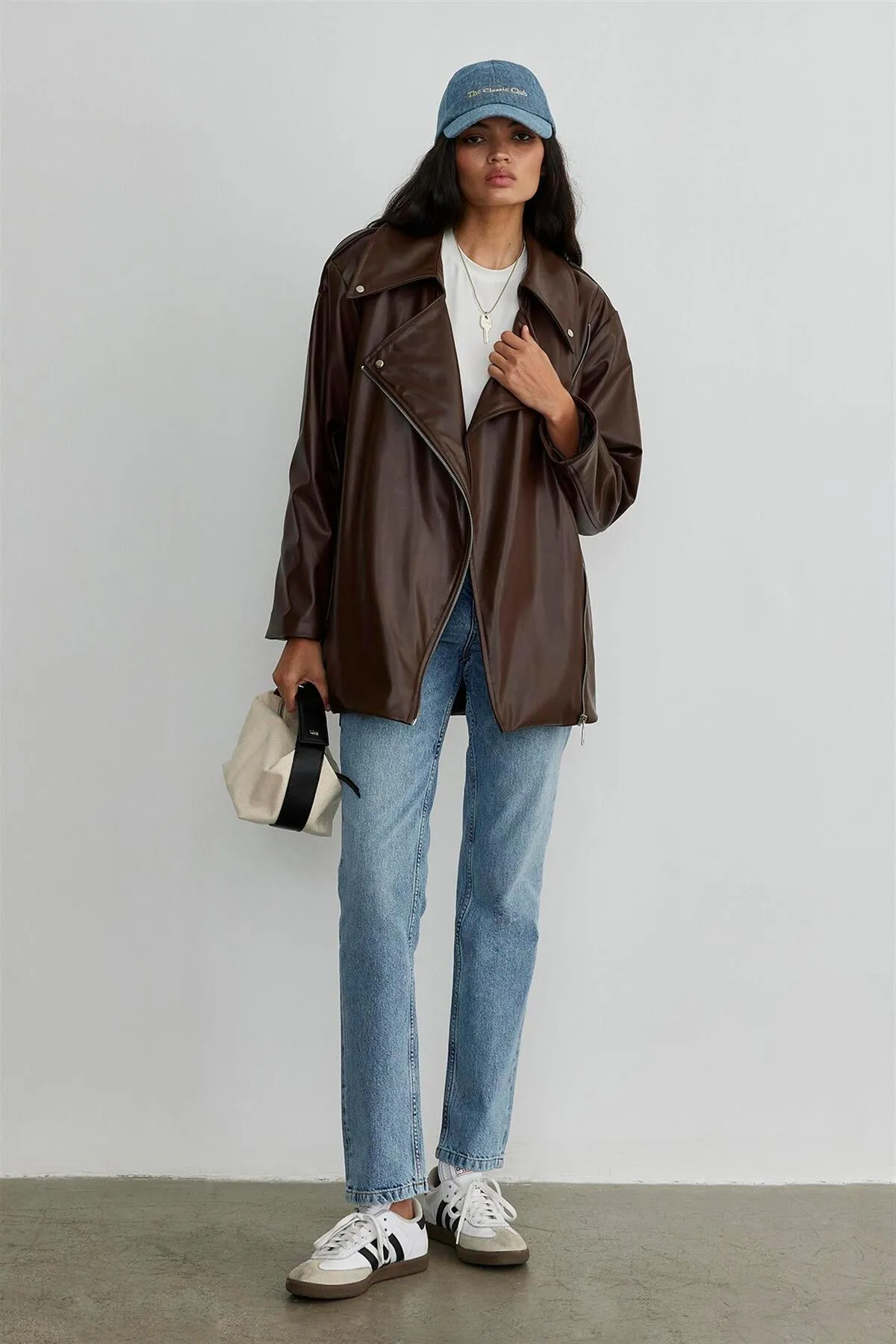 Suud Collection  Brauner Biker-Trenchcoat aus Leder