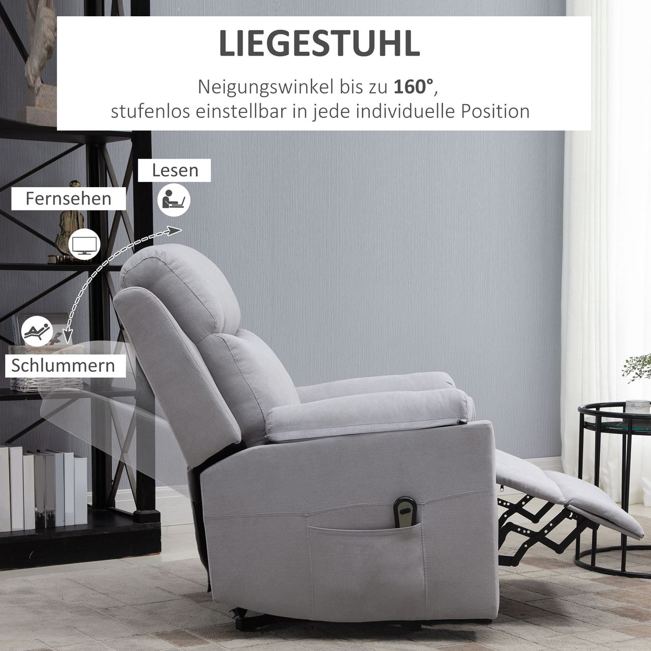 HOMCOM elektrischer Aufstehsessel Sessel mit Aufstehhilfe für Senior Relaxsessel Fernsehsessel Liegefunktion Leinen-Touch Grau 83 x 89 x 102 cm