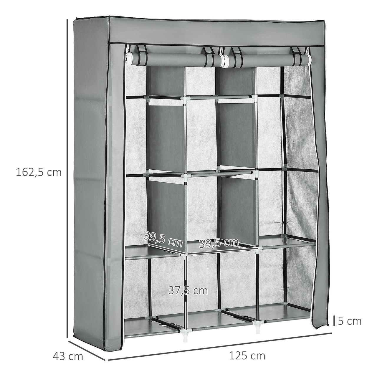 HOMCOM Stoffschrank, Faltschrank, Kleiderschrank mit Kleiderstangen, 8 Ebenen