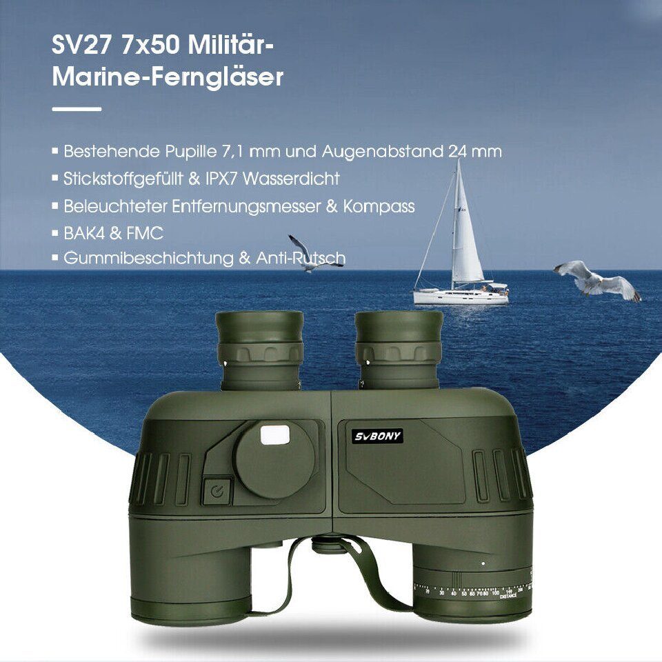 SVBONY SV27 Militär Fernglas Wasserdichtes HD FMC BAK4 for Abenteuer Rettung Fernglas (mit Entfernungsmesser& Kompass, IPX7 wasserdicht, aus Gummi)