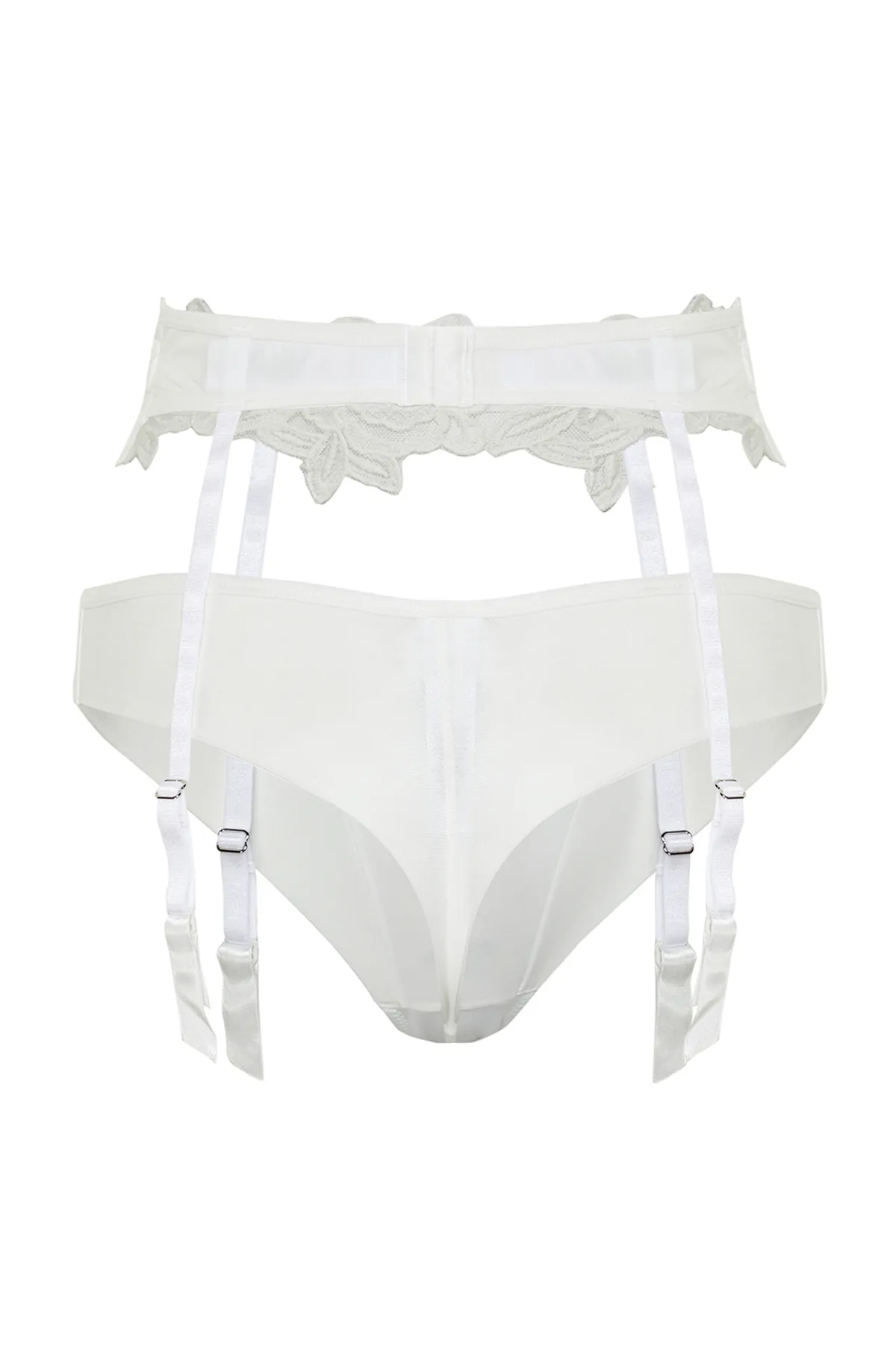 Trendyol Collection  Brautslip und Hosenträger aus Strick mit Brode-Spitze in Weiß, mit Seilriemen THMSS24CC00028
