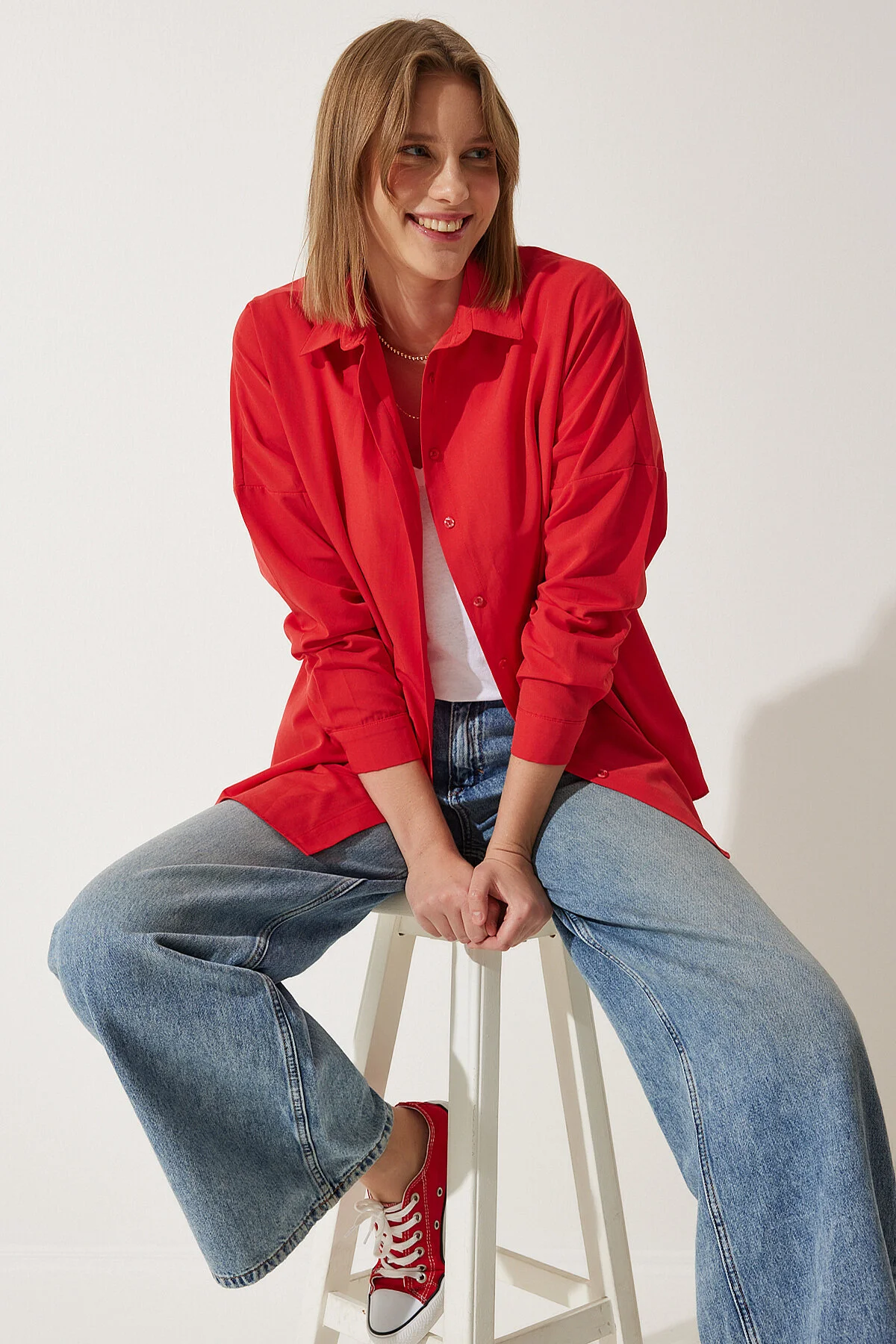 Happiness İstanbul  Damen Mittelrotes Oversize Langes Basic Shirt DD00842