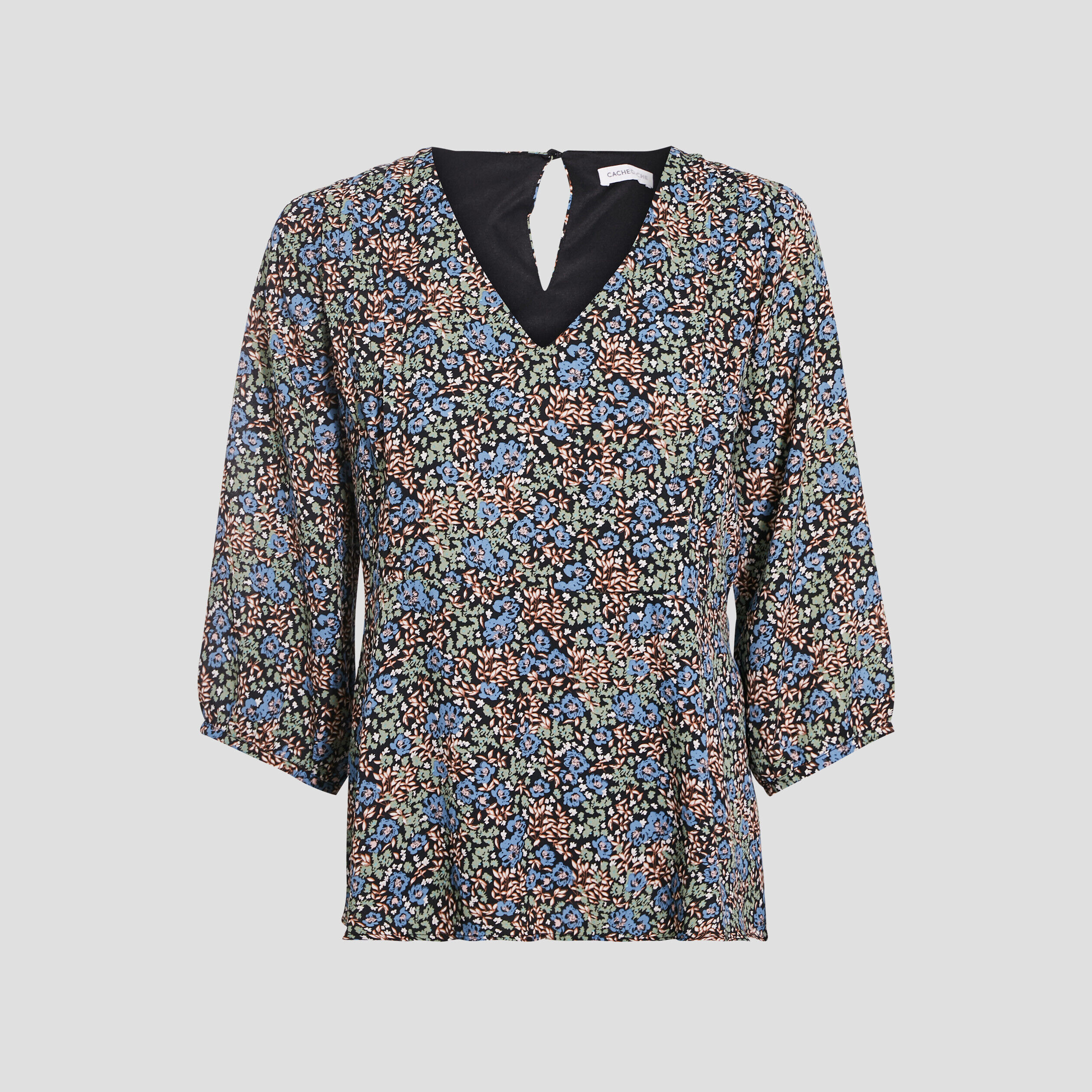 Blouse large col en V denim noir femme | Cache Cache