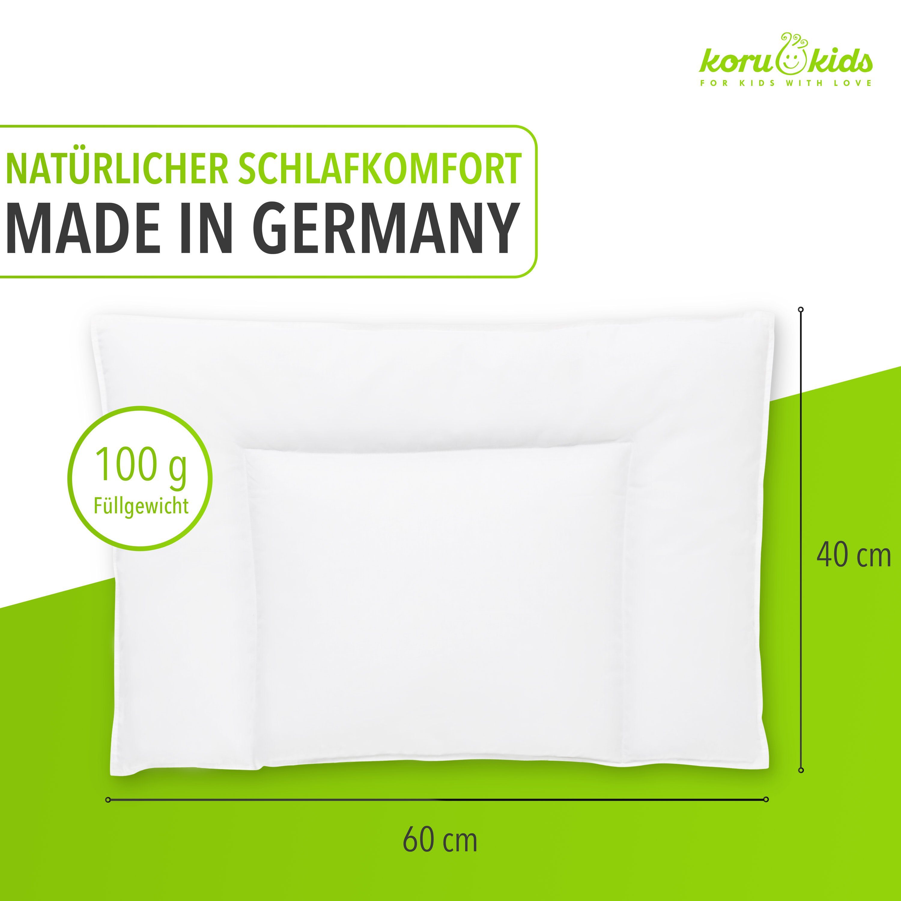 Federkopfkissen Kopfkissen Kinder 40x60, Koru Kids, Füllung: 100% kanadische Daunen, Bezug: 100% Baumwolle, feuchtigkeitsregulierend, waschbar bis 60°, trocknergeeignet