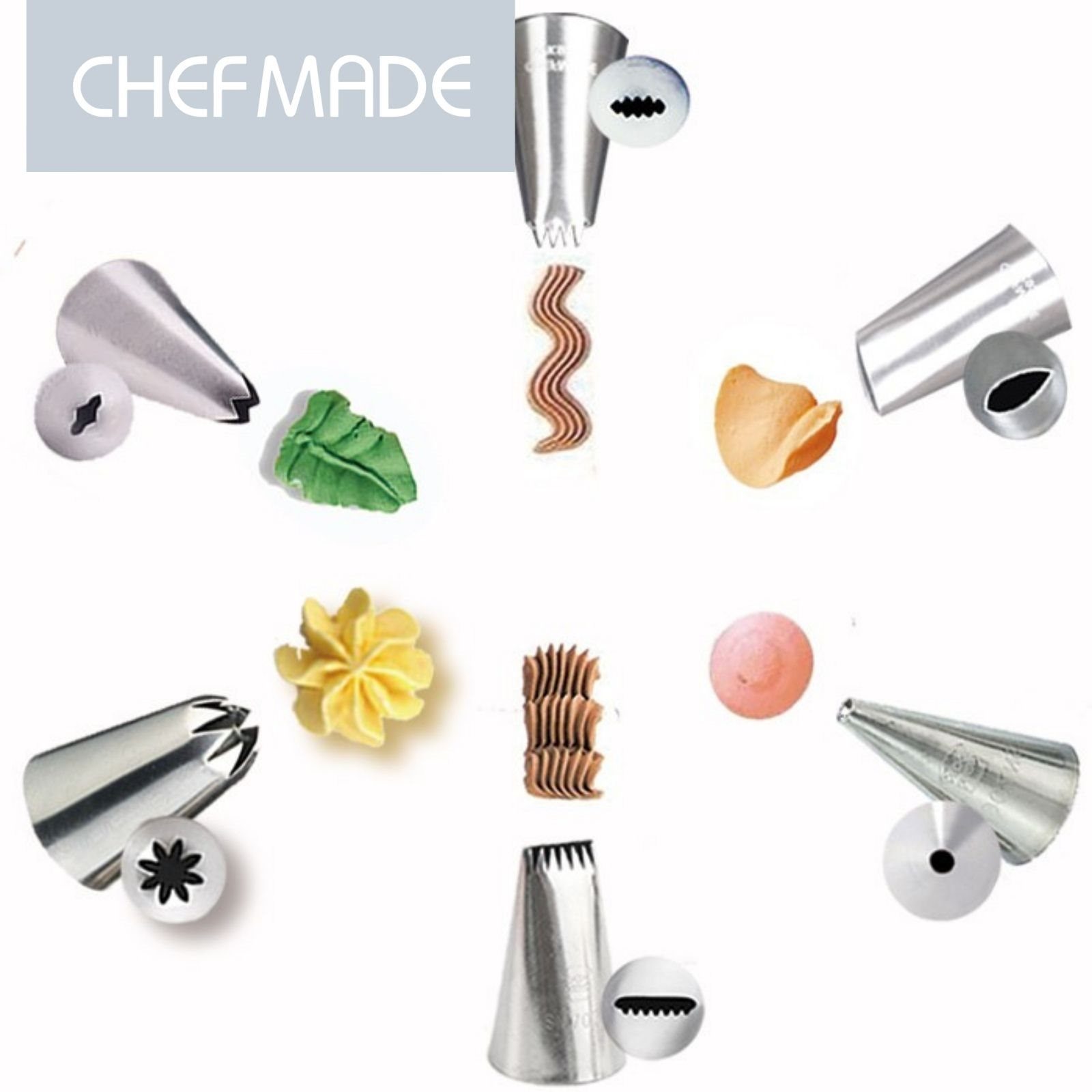 Chefmade Spritzbeutel Mehrwegspritzbeutel 15tlg Set Set zum Backen (CHEFMADE, 17 tlg Spritztüllen und Spritzbeutel Set zum Backen, Modellierwerkzeug, Torten modellieren, Torten dekorieren, Mini Teigschaber, Backzubehör, Backhelfer, Backwerkzeug, Prem